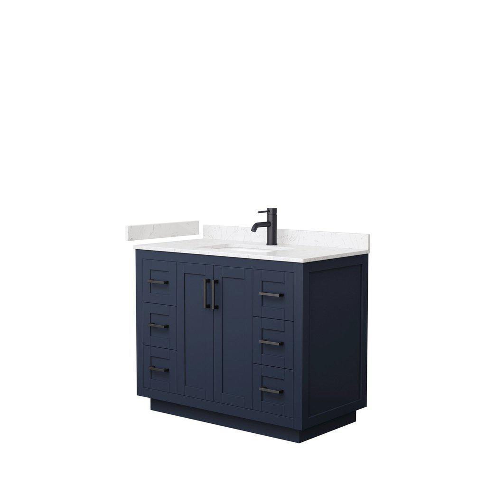 Wyndham Collection, Wyndham Collection Miranda 42" Single Bathroom Dark Blue Vanity Set With Light-Vein Carrara Cultured Marble Countertop, Undermount Square Sink, And Matte Black Trim