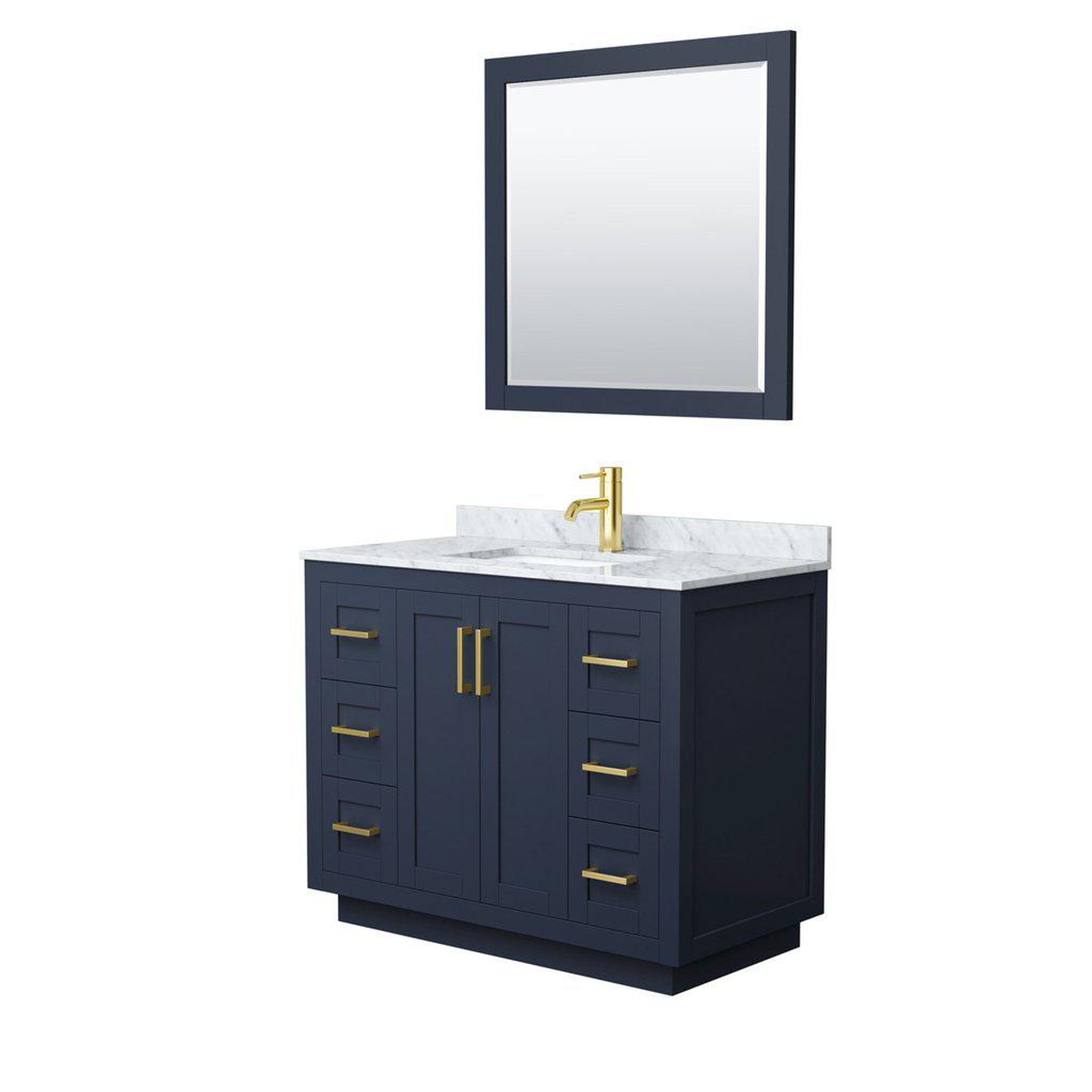 Wyndham Collection, Wyndham Collection Miranda 42" Single Bathroom Dark Blue Vanity Set With White Carrara Marble Countertop, Undermount Square Sink, 34" Mirror And Brushed Gold Trim