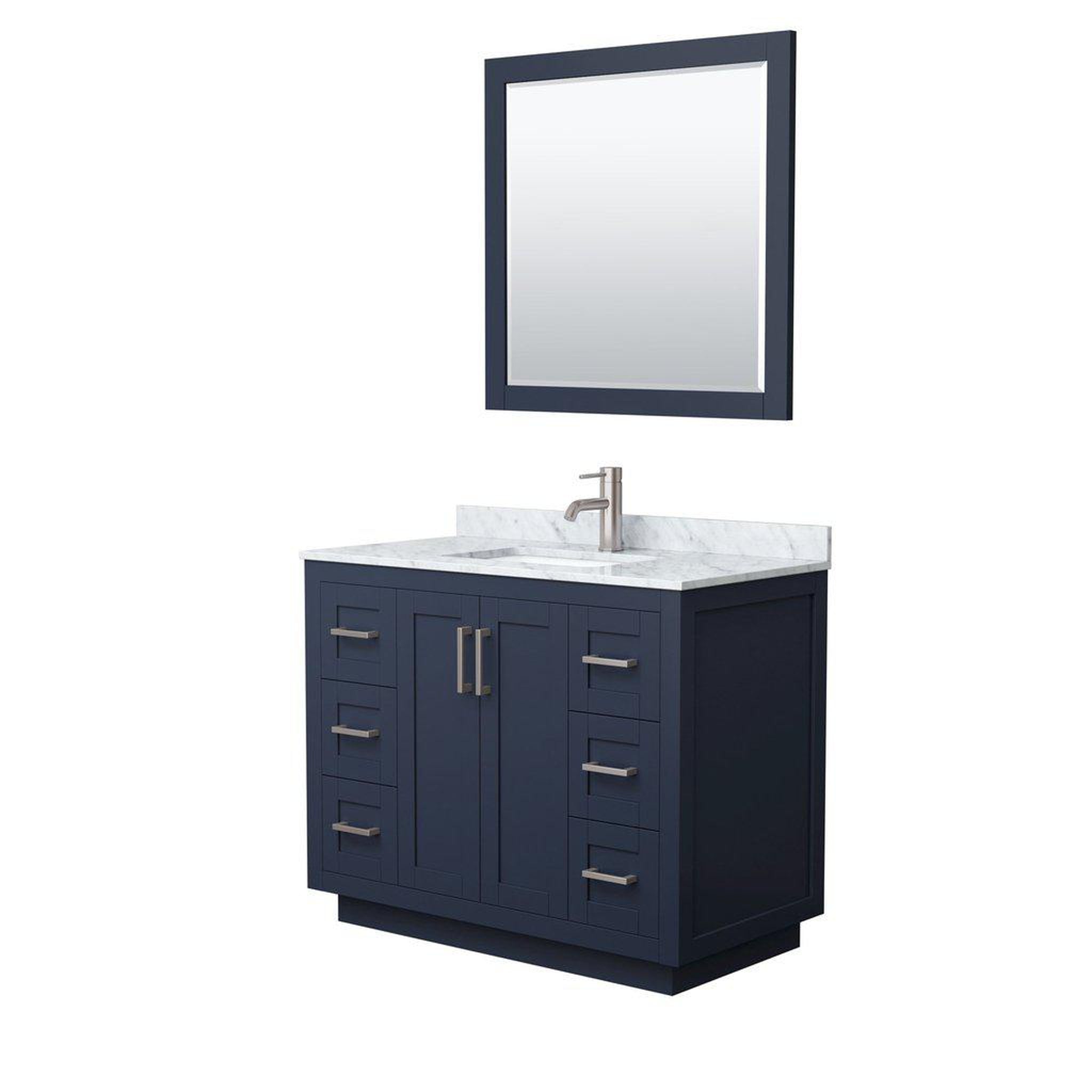 Wyndham Collection, Wyndham Collection Miranda 42" Single Bathroom Dark Blue Vanity Set With White Carrara Marble Countertop, Undermount Square Sink, 34" Mirror And Brushed Nickel Trim