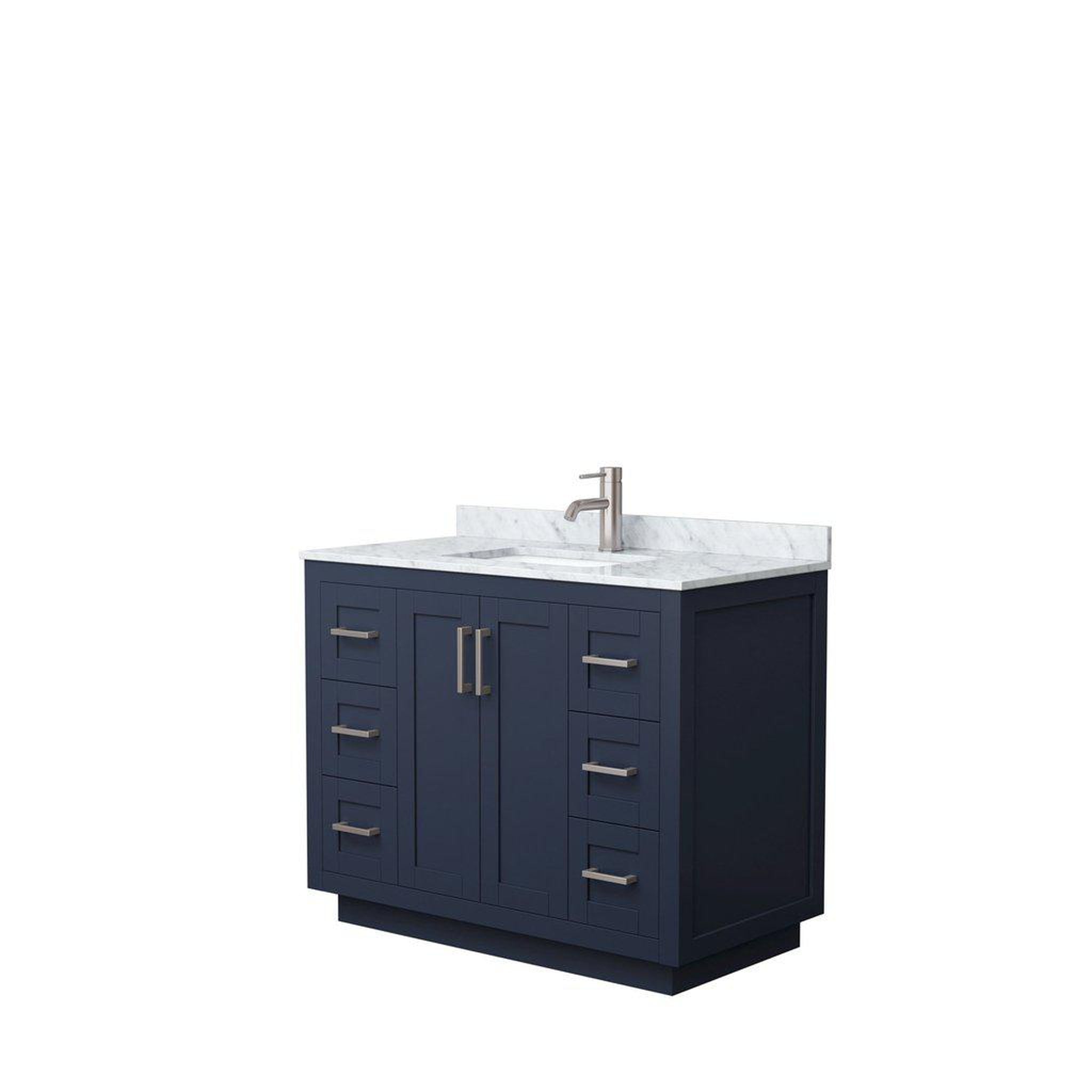 Wyndham Collection, Wyndham Collection Miranda 42" Single Bathroom Dark Blue Vanity Set With White Carrara Marble Countertop, Undermount Square Sink, And Brushed Nickel Trim