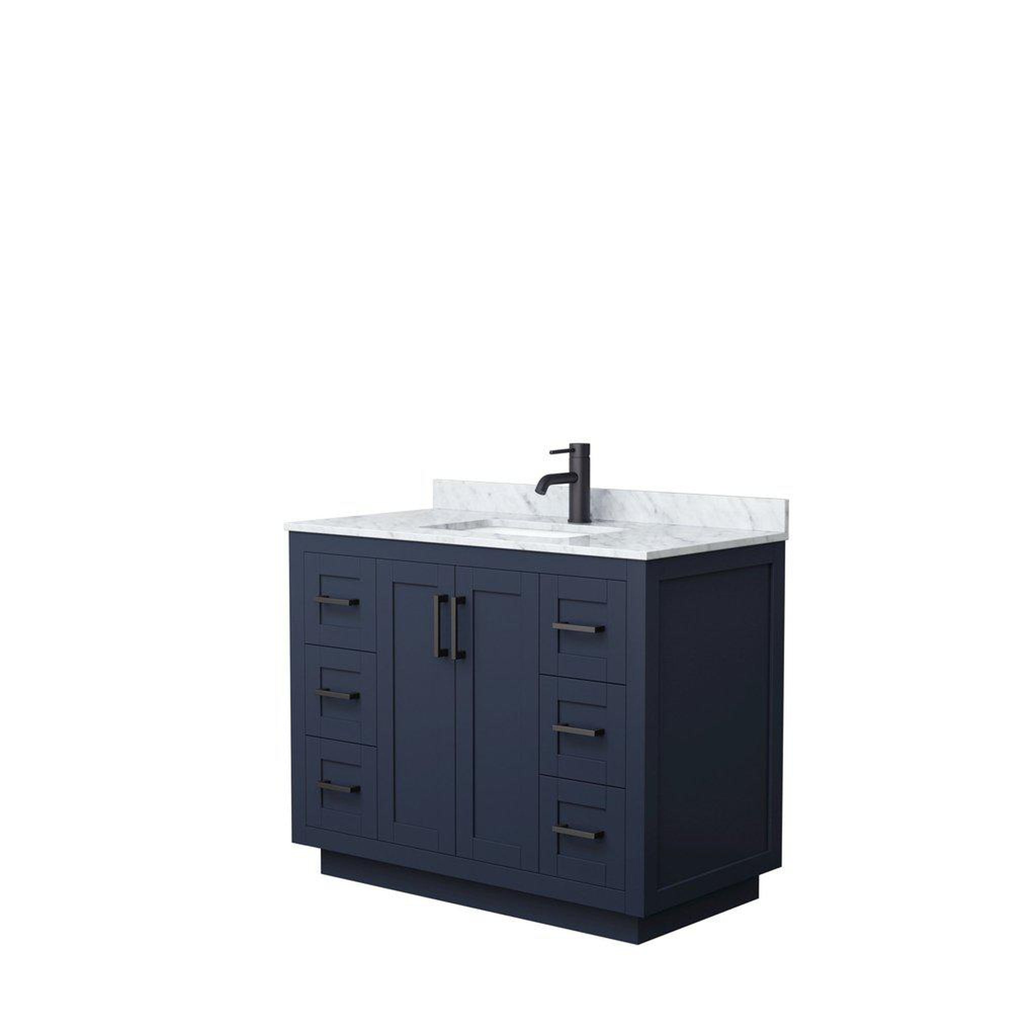 Wyndham Collection, Wyndham Collection Miranda 42" Single Bathroom Dark Blue Vanity Set With White Carrara Marble Countertop, Undermount Square Sink, And Matte Black Trim