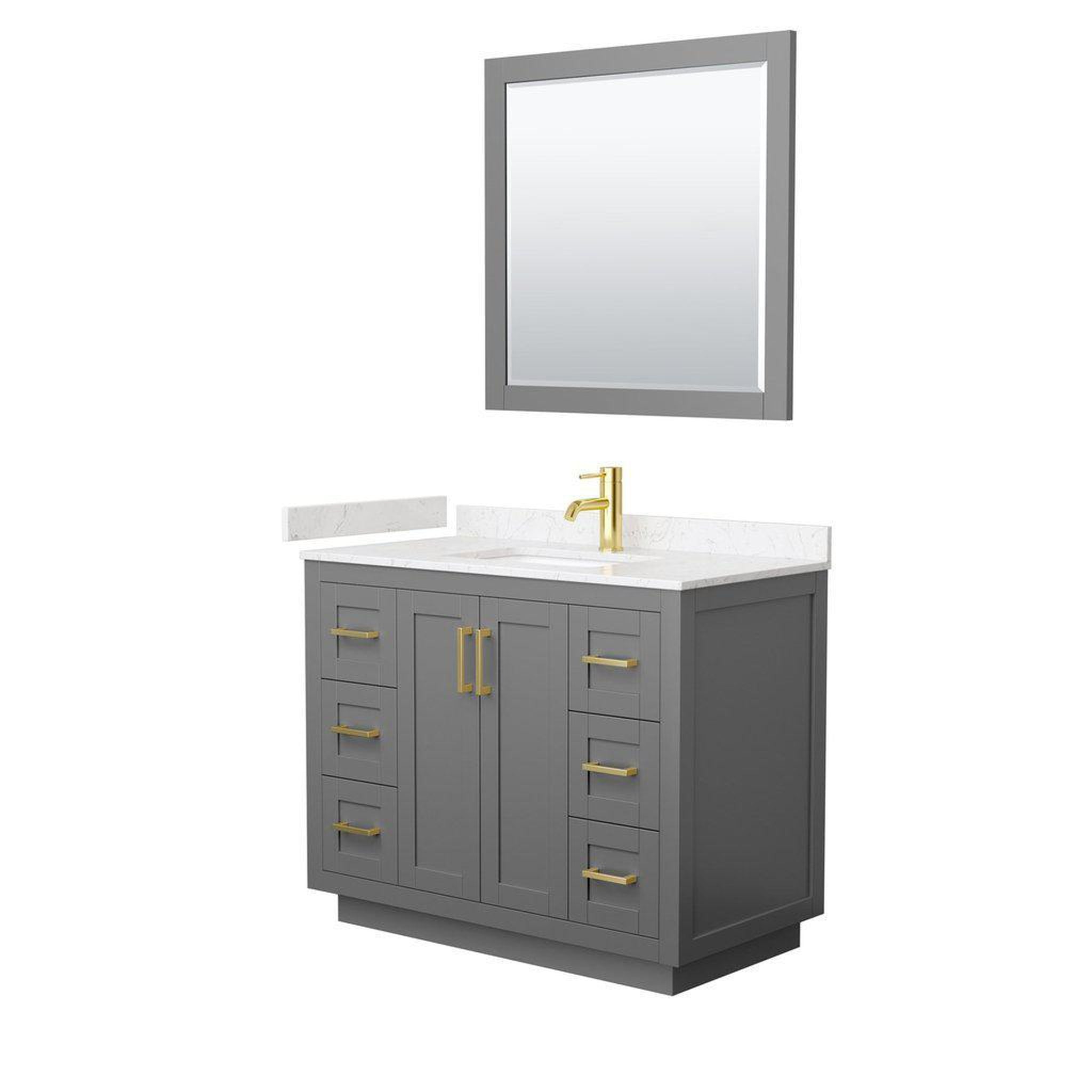 Wyndham Collection, Wyndham Collection Miranda 42" Single Bathroom Dark Gray Vanity Set With Light-Vein Carrara Cultured Marble Countertop, Undermount Square Sink, 34" Mirror And Brushed Gold Trim