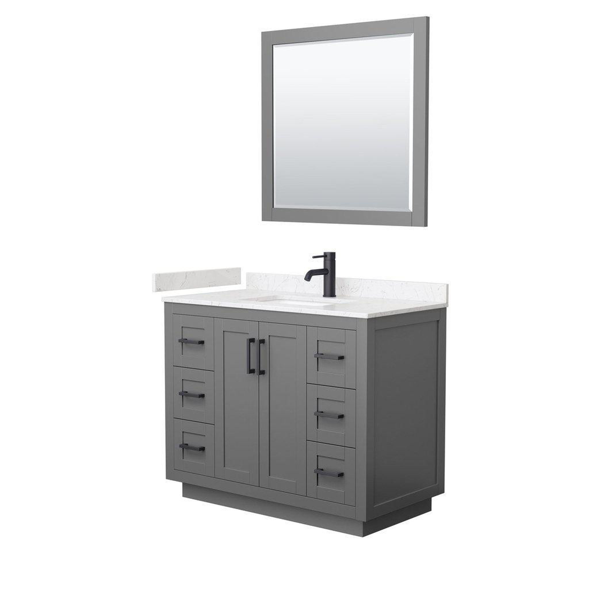 Wyndham Collection, Wyndham Collection Miranda 42" Single Bathroom Dark Gray Vanity Set With Light-Vein Carrara Cultured Marble Countertop, Undermount Square Sink, 34" Mirror And Matte Black Trim