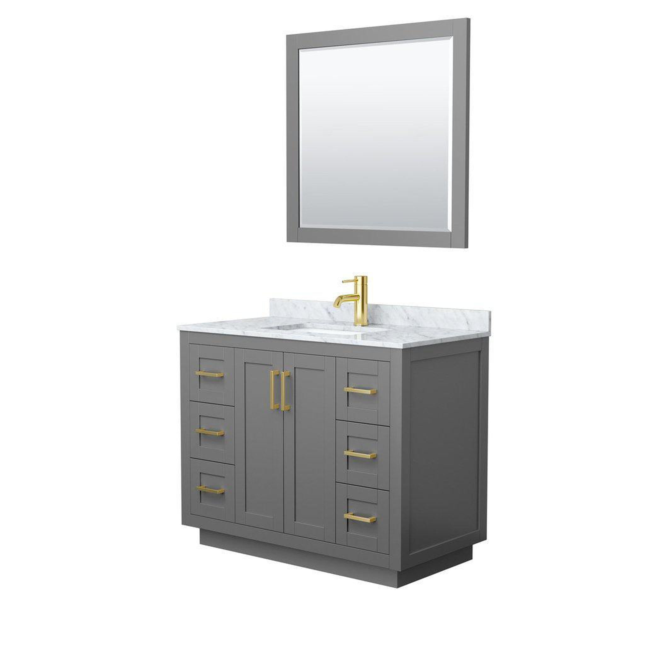 Wyndham Collection, Wyndham Collection Miranda 42" Single Bathroom Dark Gray Vanity Set With White Carrara Marble Countertop, Undermount Square Sink, 34" Mirror And Brushed Gold Trim