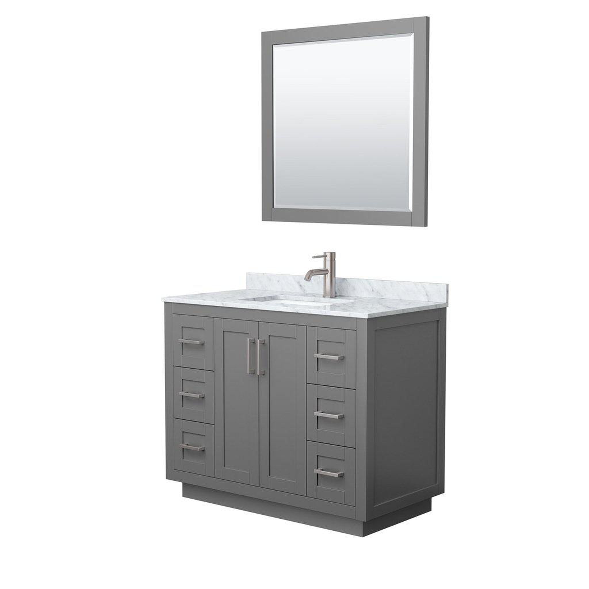 Wyndham Collection, Wyndham Collection Miranda 42" Single Bathroom Dark Gray Vanity Set With White Carrara Marble Countertop, Undermount Square Sink, 34" Mirror And Brushed Nickel Trim