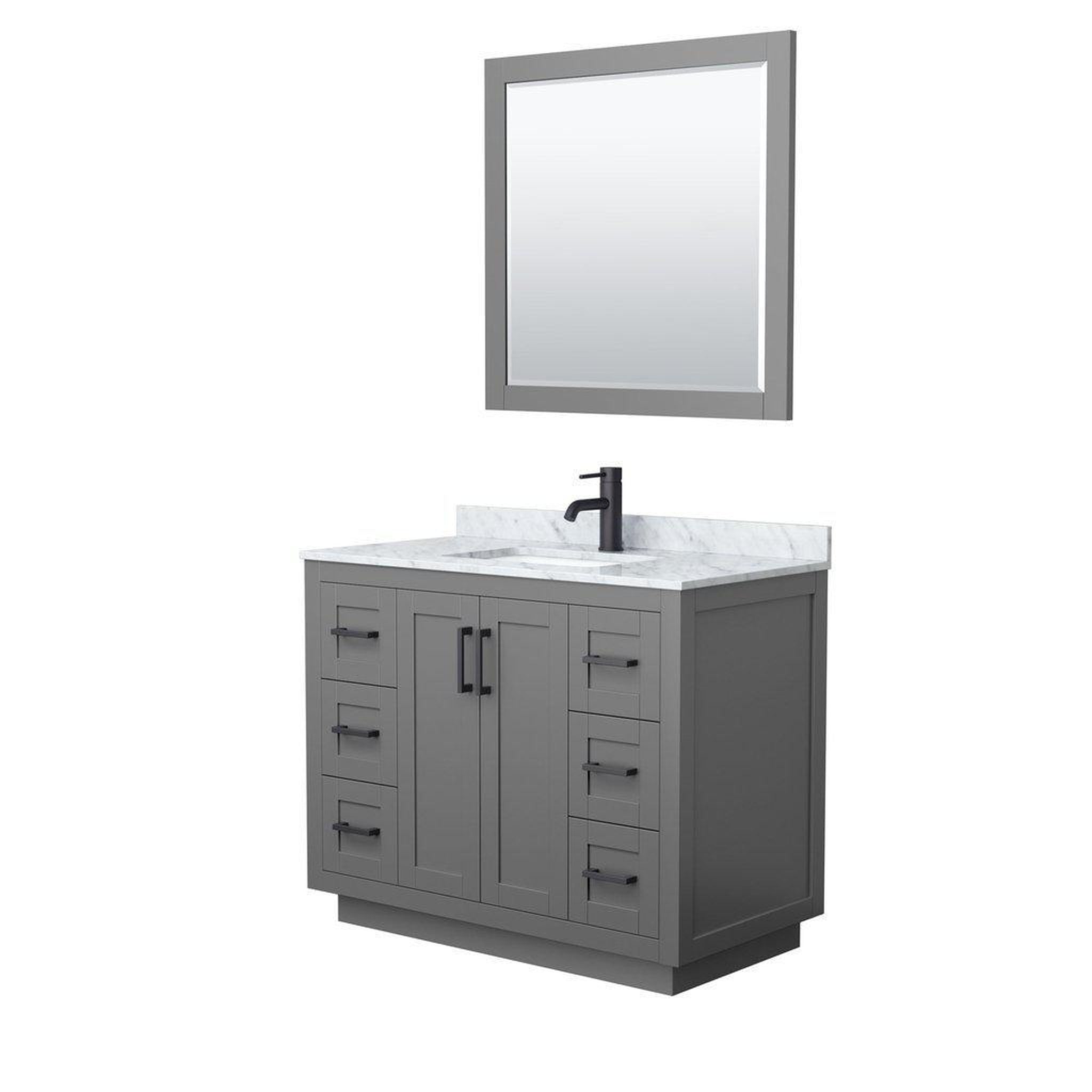 Wyndham Collection, Wyndham Collection Miranda 42" Single Bathroom Dark Gray Vanity Set With White Carrara Marble Countertop, Undermount Square Sink, 34" Mirror And Matte Black Trim