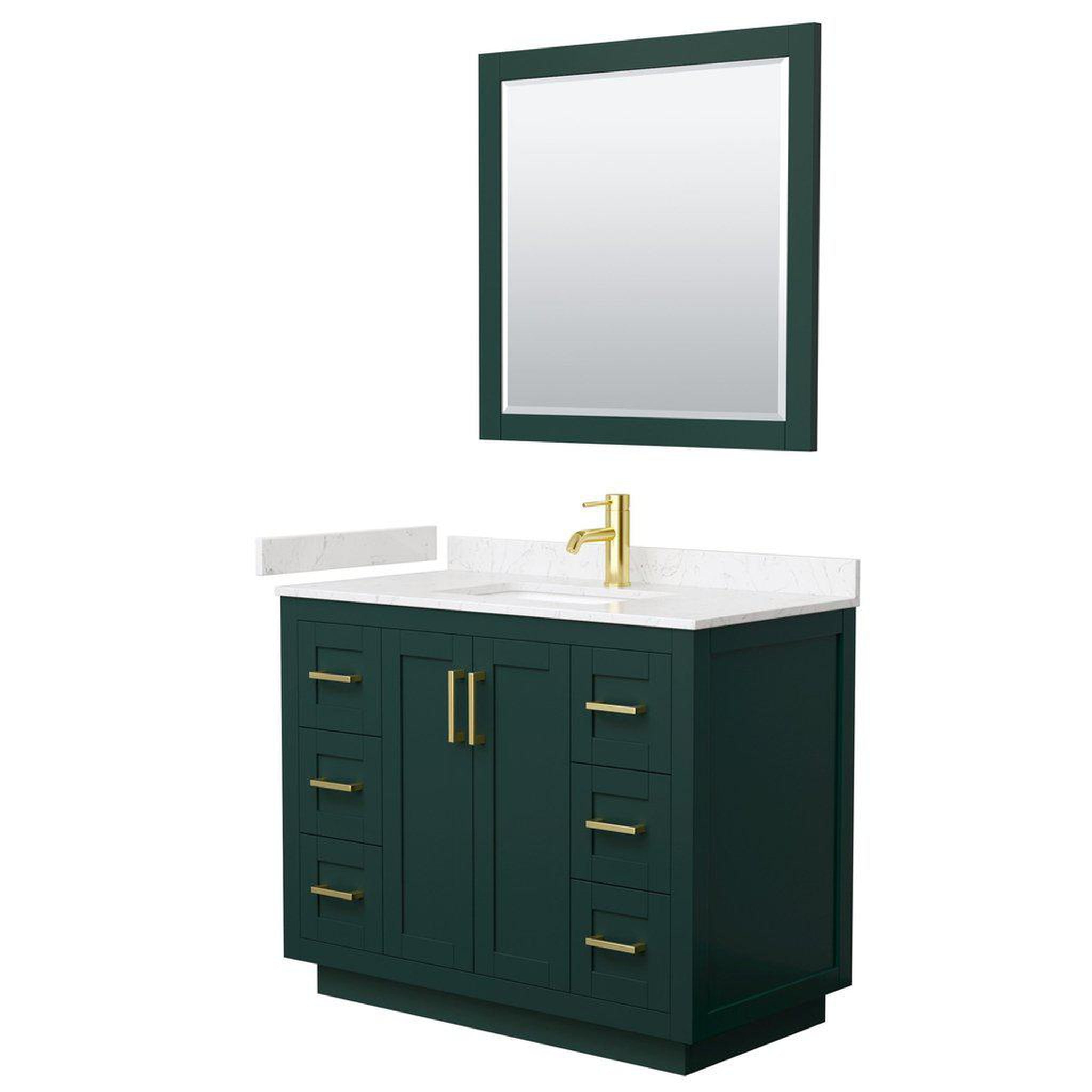 Wyndham Collection, Wyndham Collection Miranda 42" Single Bathroom Green Vanity Set With Light-Vein Carrara Cultured Marble Countertop, Undermount Square Sink, 34" Mirror And Brushed Gold Trim