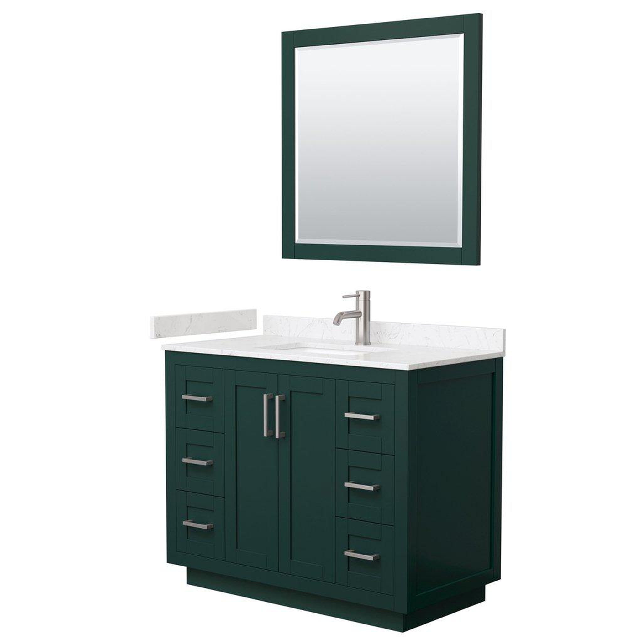 Wyndham Collection, Wyndham Collection Miranda 42" Single Bathroom Green Vanity Set With Light-Vein Carrara Cultured Marble Countertop, Undermount Square Sink, 34" Mirror And Brushed Nickel Trim