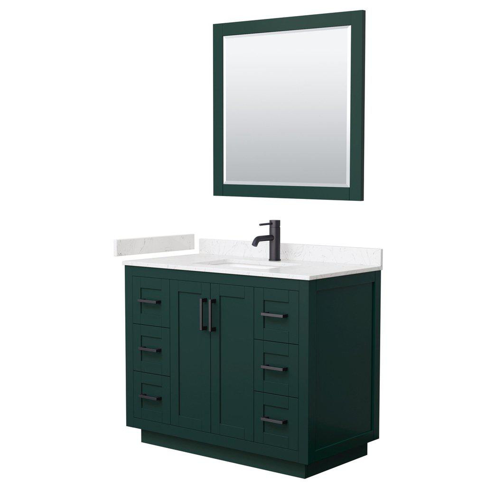 Wyndham Collection, Wyndham Collection Miranda 42" Single Bathroom Green Vanity Set With Light-Vein Carrara Cultured Marble Countertop, Undermount Square Sink, 34" Mirror And Matte Black Trim