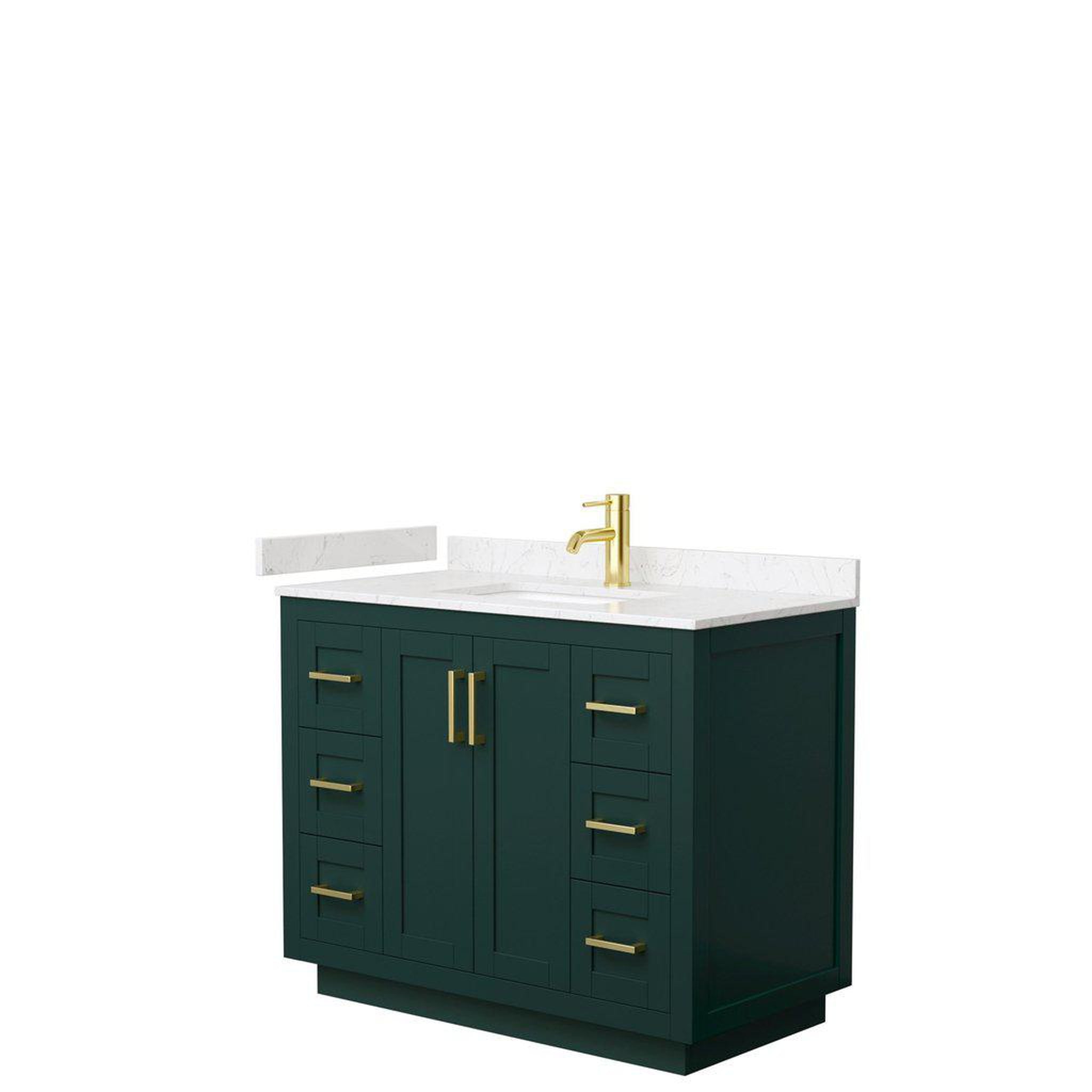 Wyndham Collection, Wyndham Collection Miranda 42" Single Bathroom Green Vanity Set With Light-Vein Carrara Cultured Marble Countertop, Undermount Square Sink, And Brushed Gold Trim