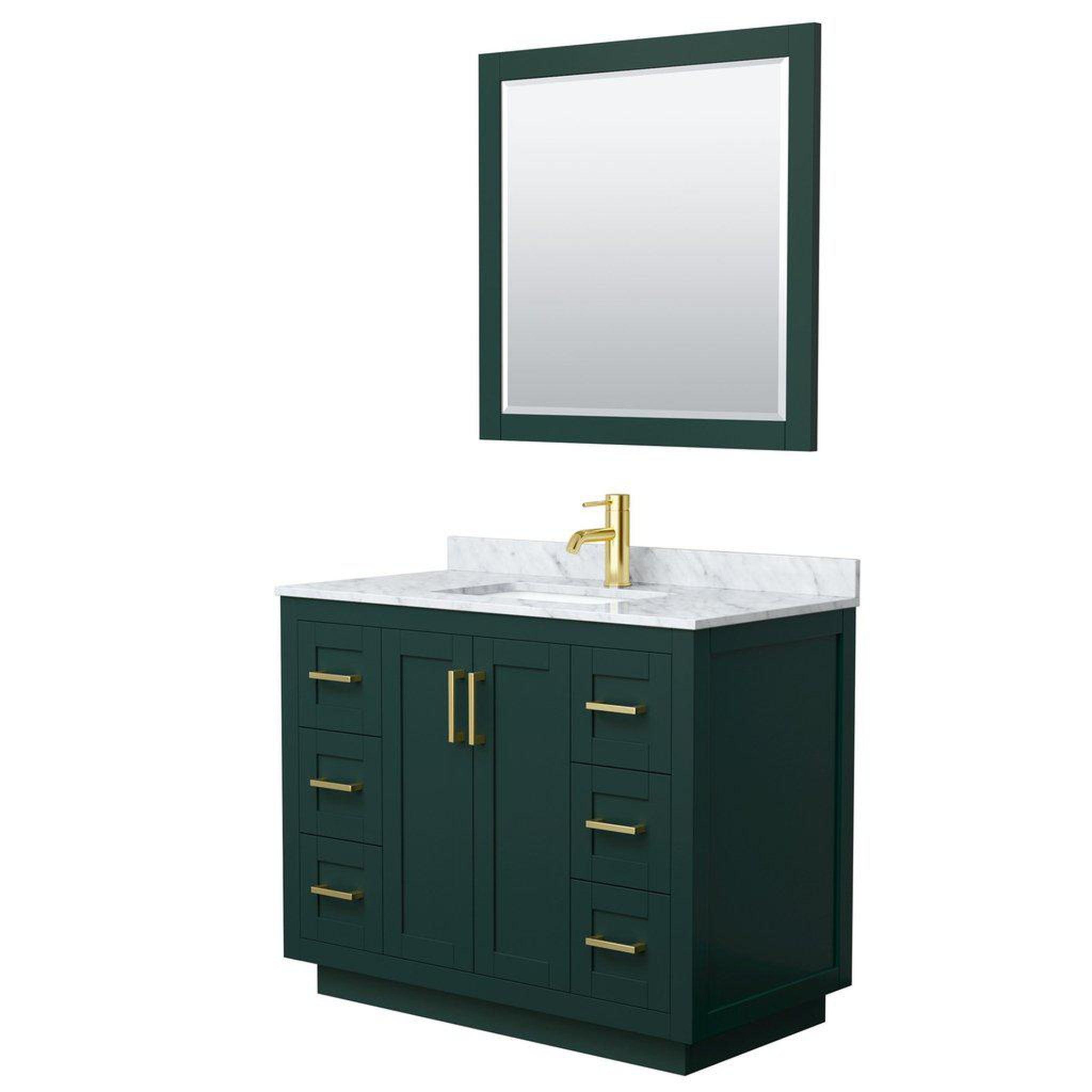 Wyndham Collection, Wyndham Collection Miranda 42" Single Bathroom Green Vanity Set With White Carrara Marble Countertop, Undermount Square Sink, 34" Mirror And Brushed Gold Trim