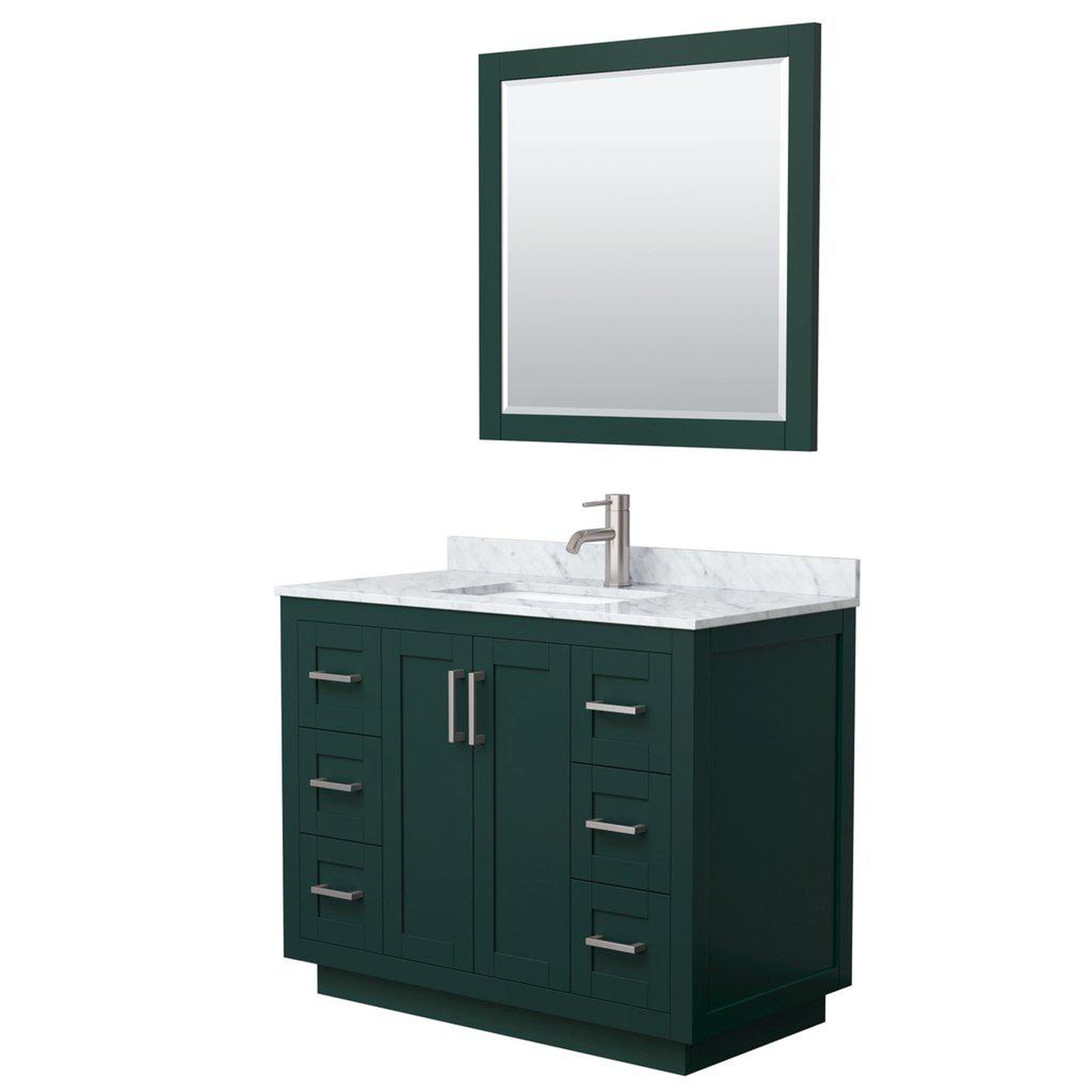 Wyndham Collection, Wyndham Collection Miranda 42" Single Bathroom Green Vanity Set With White Carrara Marble Countertop, Undermount Square Sink, 34" Mirror And Brushed Nickel Trim