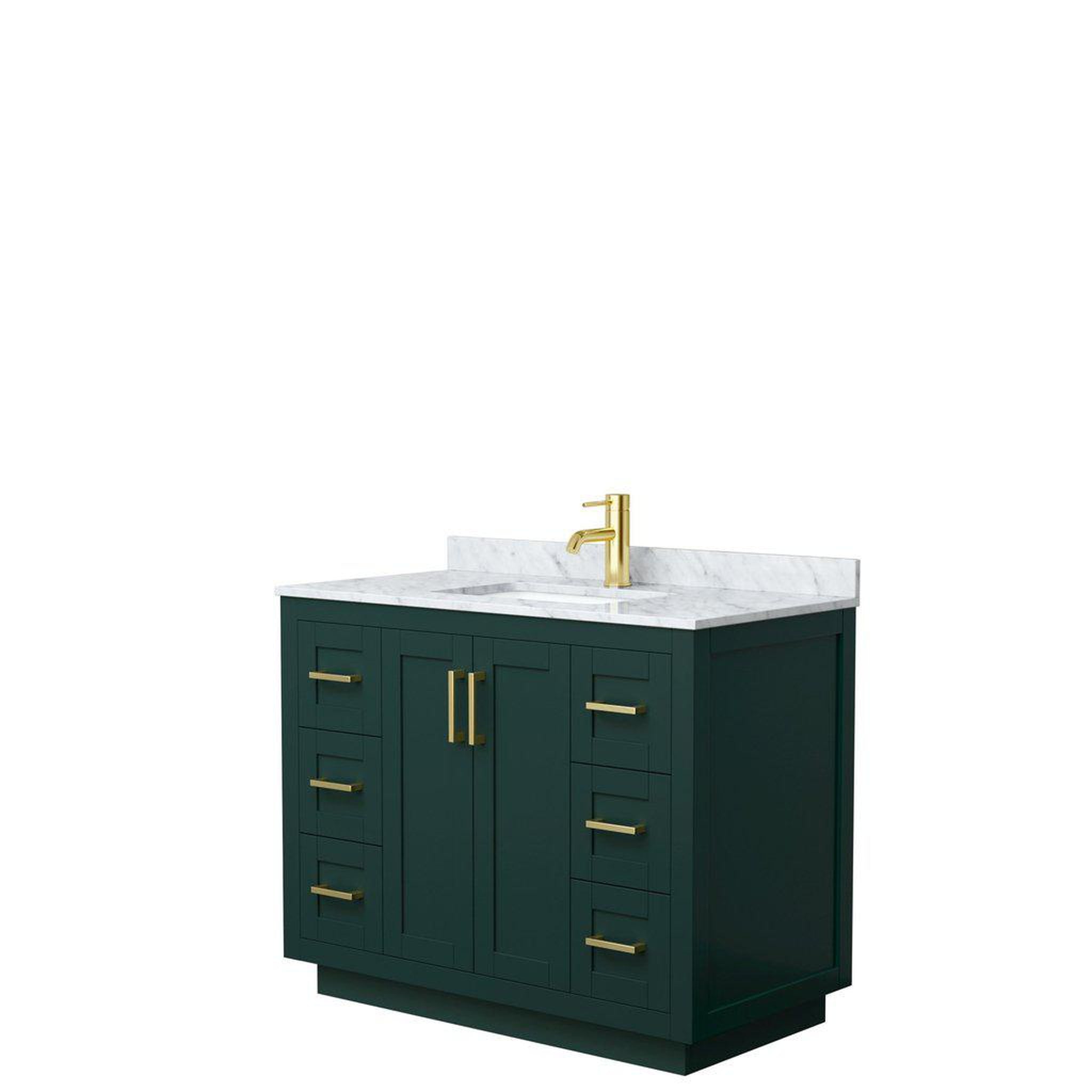 Wyndham Collection, Wyndham Collection Miranda 42" Single Bathroom Green Vanity Set With White Carrara Marble Countertop, Undermount Square Sink, And Brushed Gold Trim