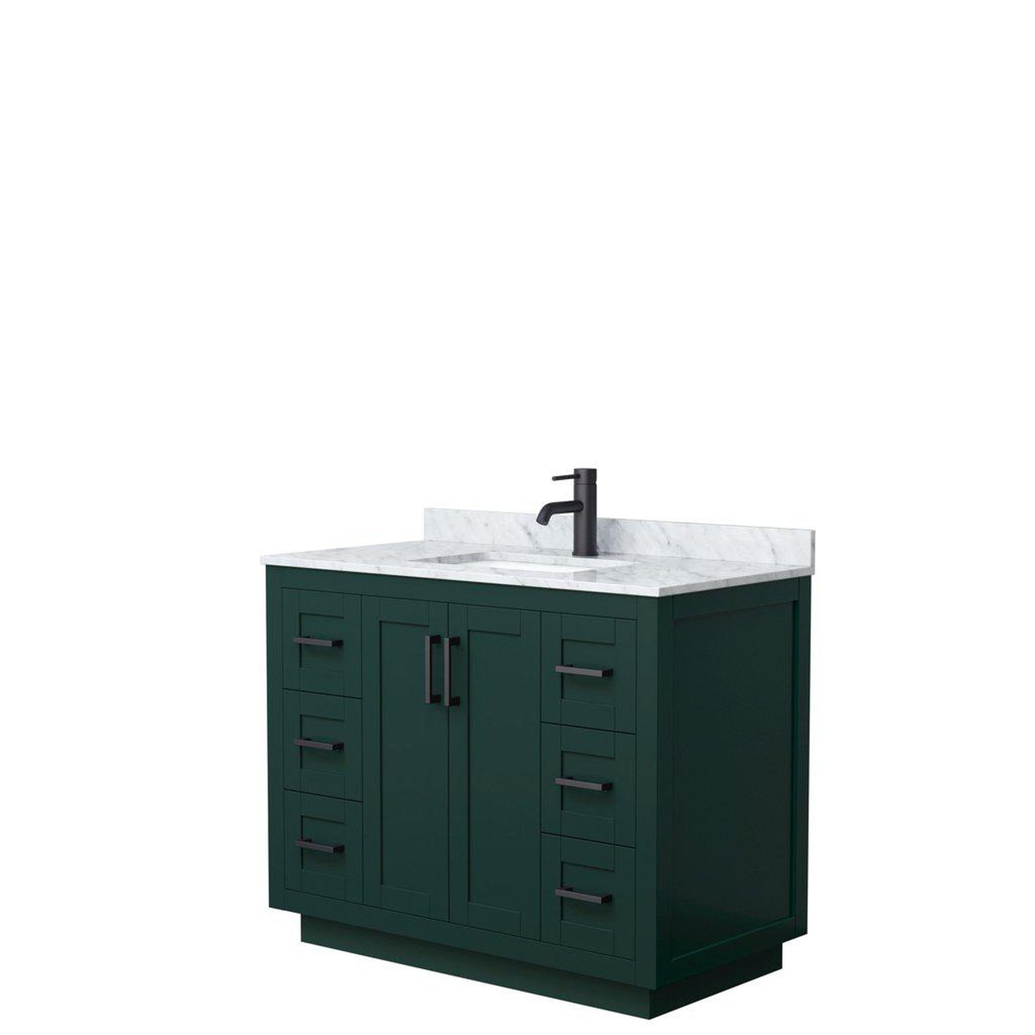 Wyndham Collection, Wyndham Collection Miranda 42" Single Bathroom Green Vanity Set With White Carrara Marble Countertop, Undermount Square Sink, And Matte Black Trim