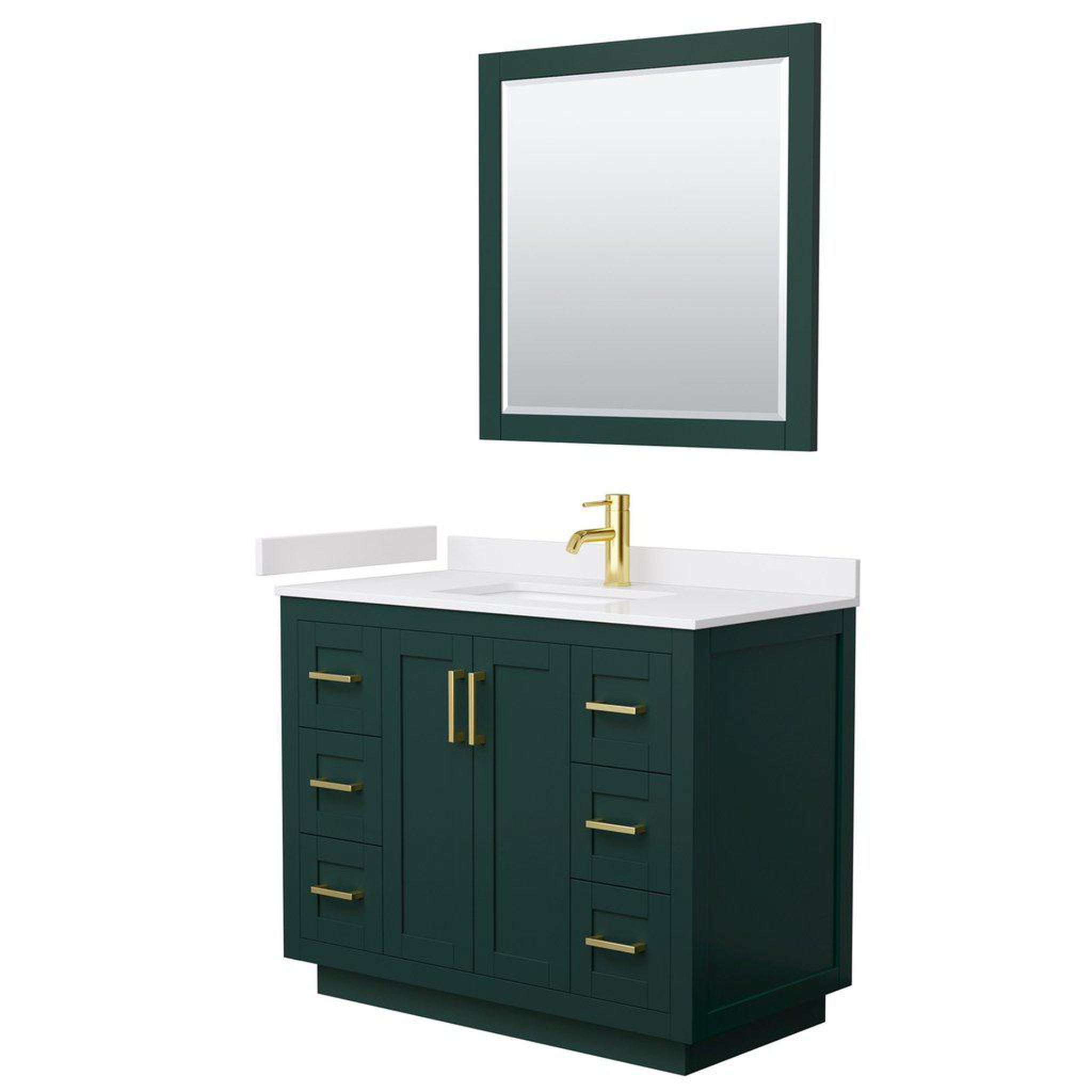 Wyndham Collection, Wyndham Collection Miranda 42" Single Bathroom Green Vanity Set With White Cultured Marble Countertop, Undermount Square Sink, 34" Mirror And Brushed Gold Trim