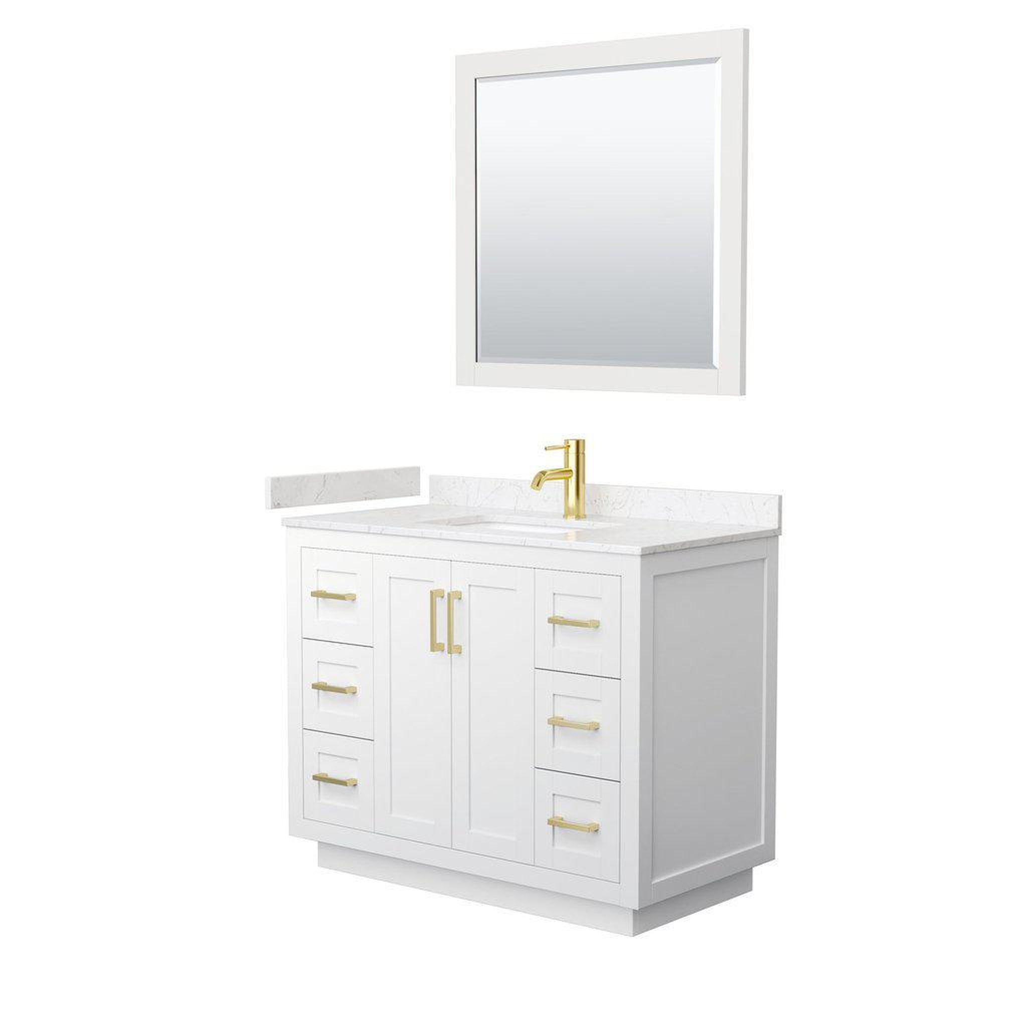 Wyndham Collection, Wyndham Collection Miranda 42" Single Bathroom White Vanity Set With Light-Vein Carrara Cultured Marble Countertop, Undermount Square Sink, 34" Mirror And Brushed Gold Trim