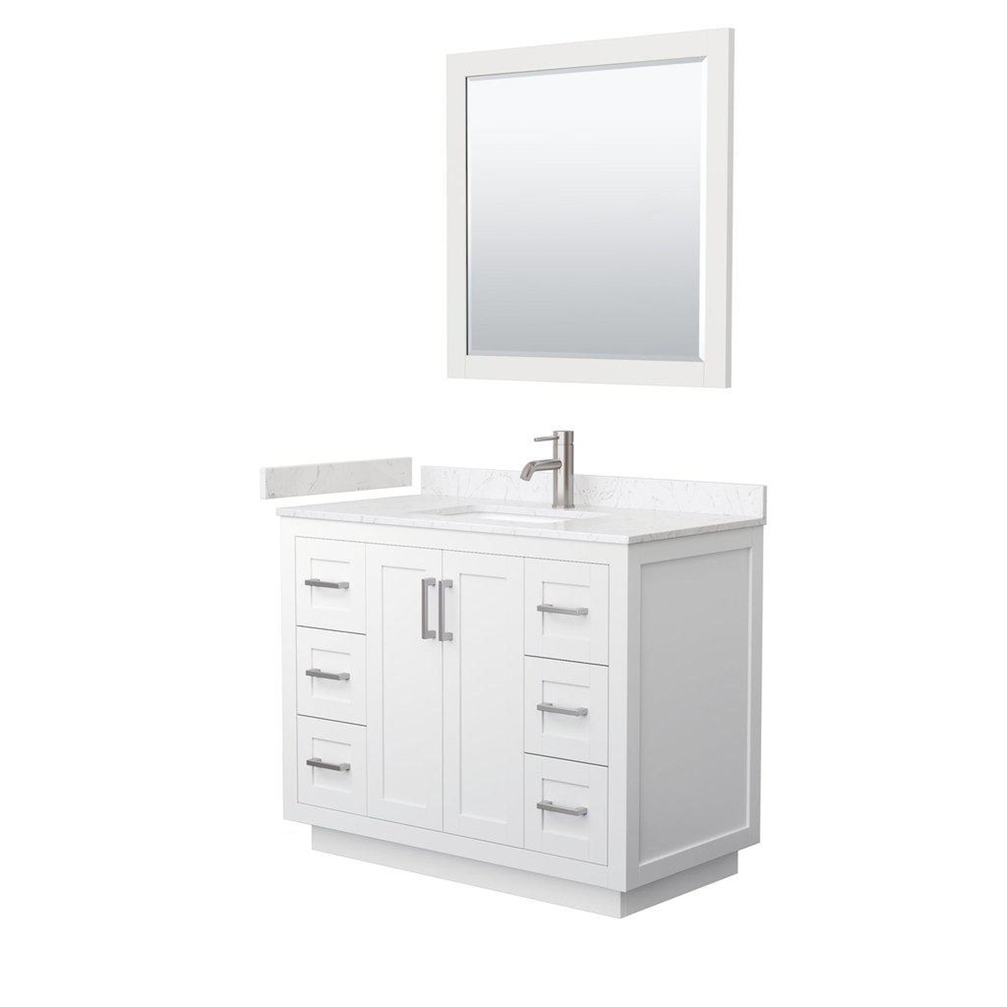 Wyndham Collection, Wyndham Collection Miranda 42" Single Bathroom White Vanity Set With Light-Vein Carrara Cultured Marble Countertop, Undermount Square Sink, 34" Mirror And Brushed Nickel Trim