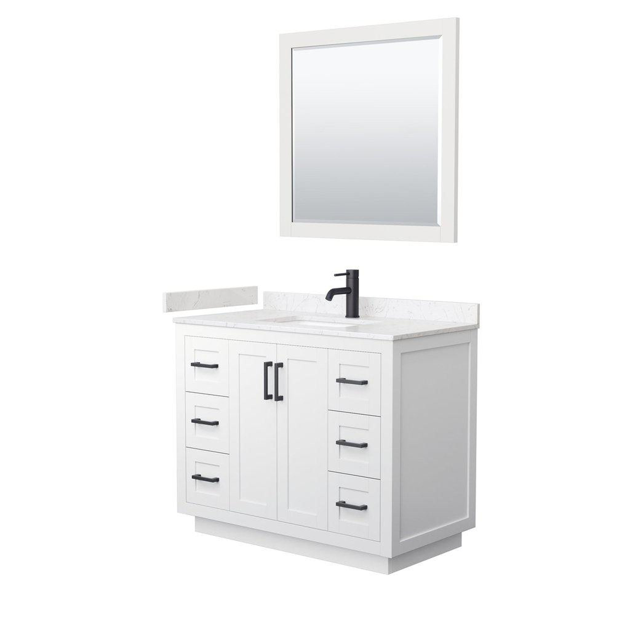 Wyndham Collection, Wyndham Collection Miranda 42" Single Bathroom White Vanity Set With Light-Vein Carrara Cultured Marble Countertop, Undermount Square Sink, 34" Mirror And Matte Black Trim