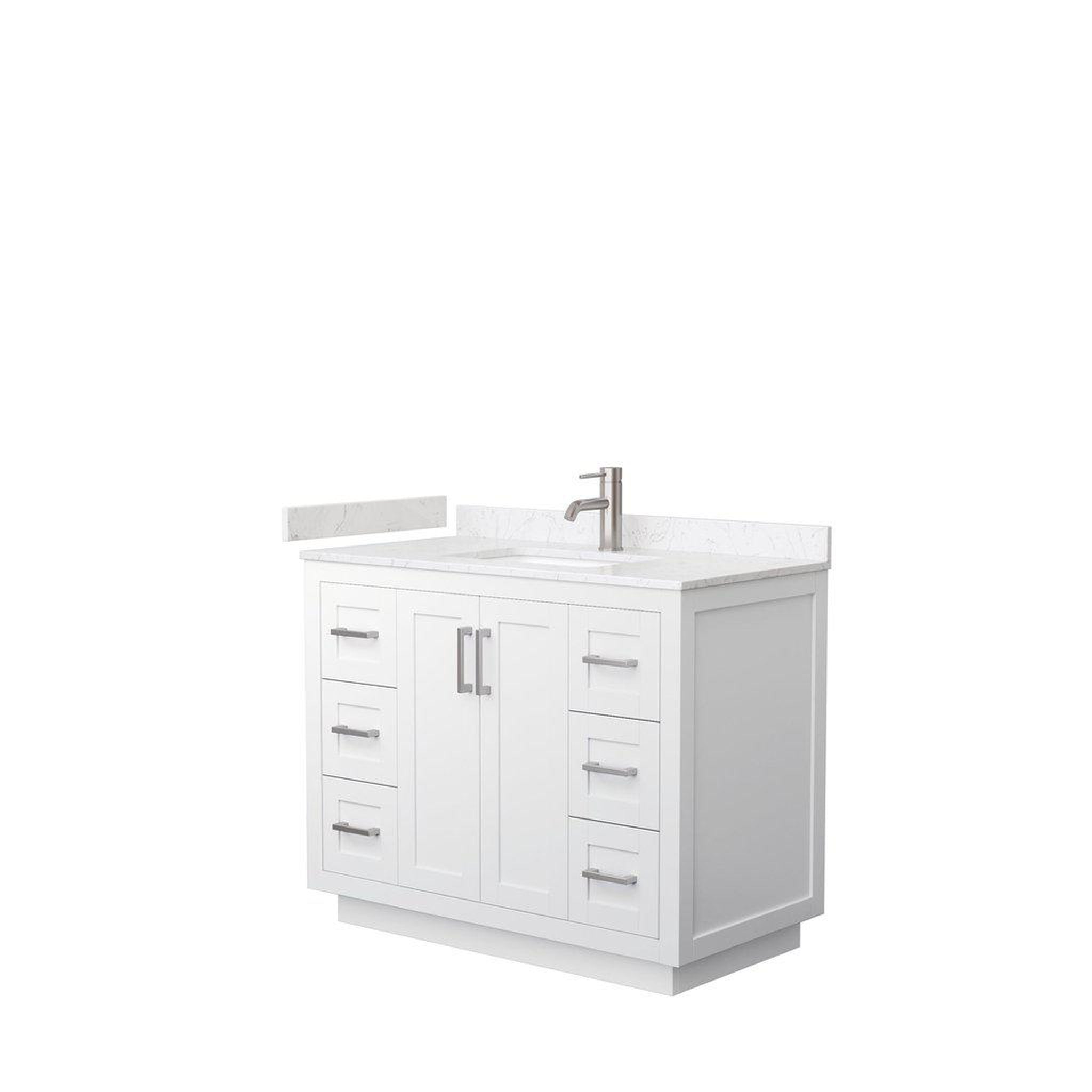 Wyndham Collection, Wyndham Collection Miranda 42" Single Bathroom White Vanity Set With Light-Vein Carrara Cultured Marble Countertop, Undermount Square Sink, And Brushed Nickel Trim