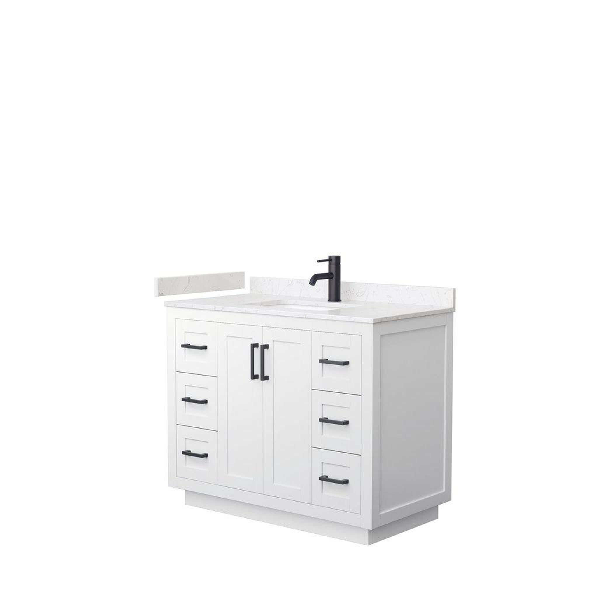 Wyndham Collection, Wyndham Collection Miranda 42" Single Bathroom White Vanity Set With Light-Vein Carrara Cultured Marble Countertop, Undermount Square Sink, And Matte Black Trim