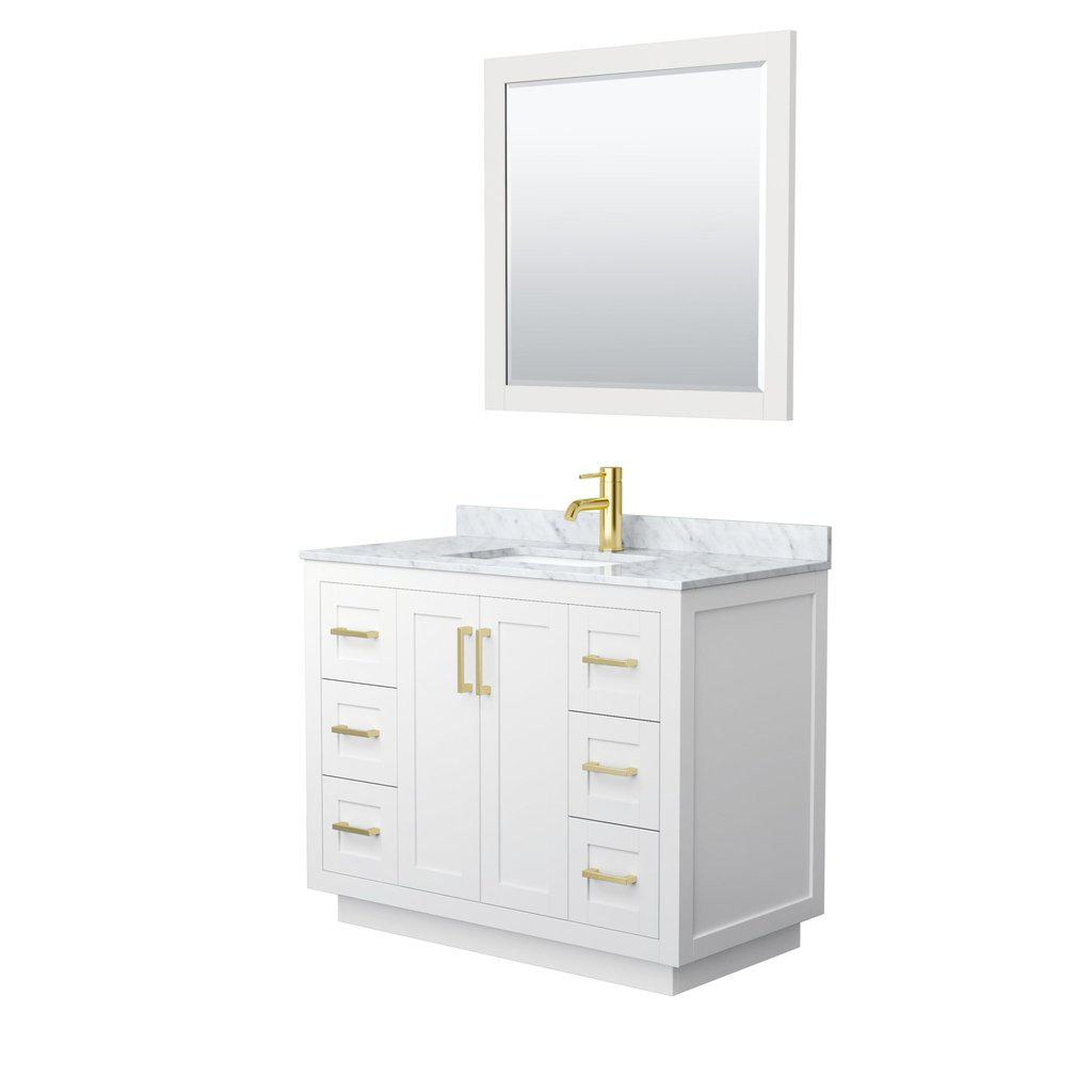 Wyndham Collection, Wyndham Collection Miranda 42" Single Bathroom White Vanity Set With White Carrara Marble Countertop, Undermount Square Sink, 34" Mirror And Brushed Gold Trim