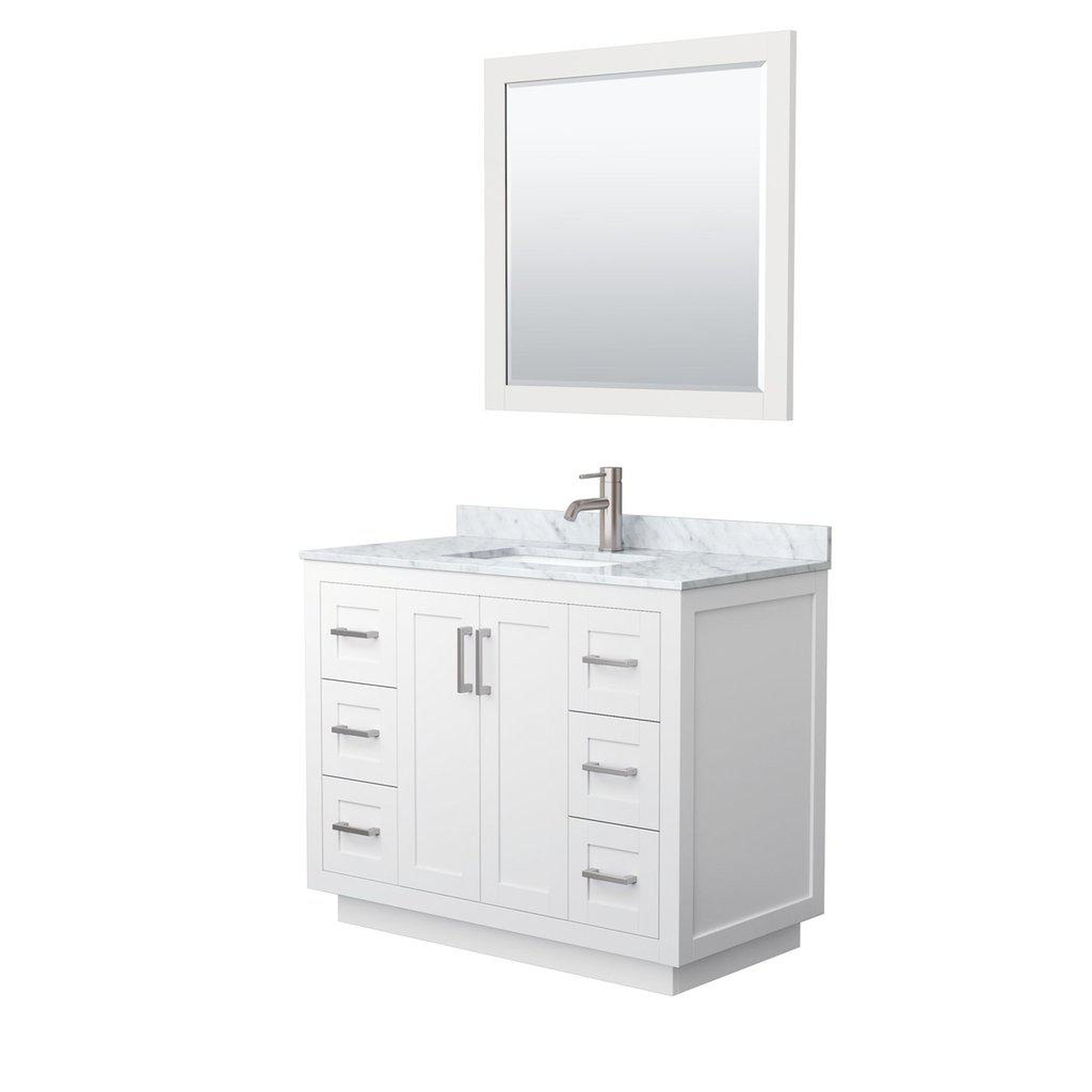 Wyndham Collection, Wyndham Collection Miranda 42" Single Bathroom White Vanity Set With White Carrara Marble Countertop, Undermount Square Sink, 34" Mirror And Brushed Nickel Trim