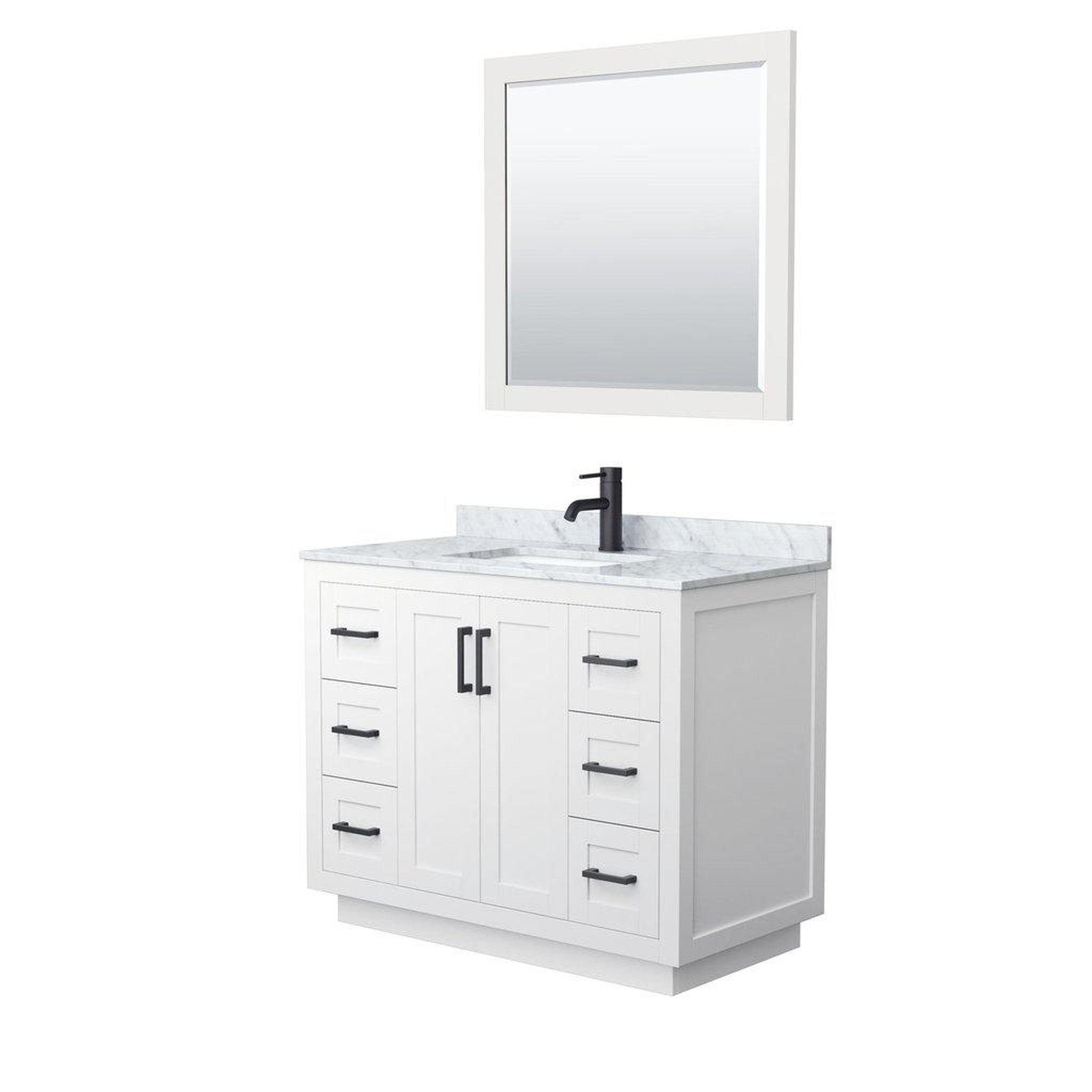 Wyndham Collection, Wyndham Collection Miranda 42" Single Bathroom White Vanity Set With White Carrara Marble Countertop, Undermount Square Sink, 34" Mirror And Matte Black Trim