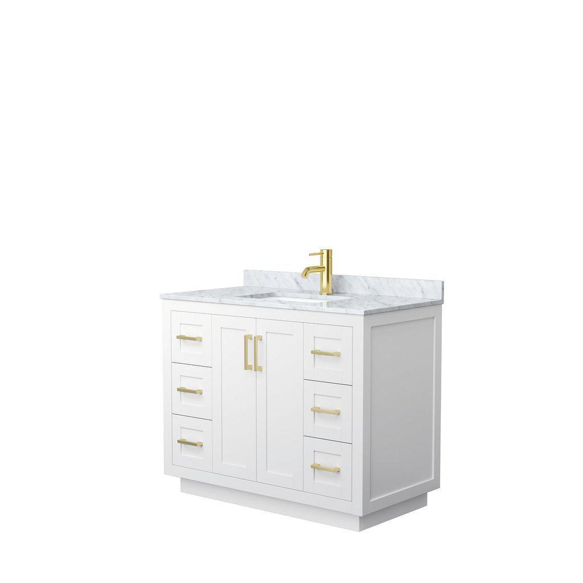 Wyndham Collection, Wyndham Collection Miranda 42" Single Bathroom White Vanity Set With White Carrara Marble Countertop, Undermount Square Sink, And Brushed Gold Trim