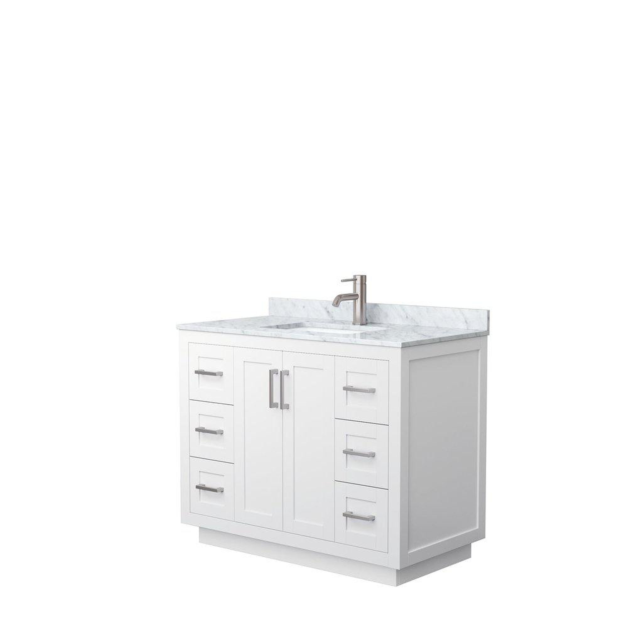 Wyndham Collection, Wyndham Collection Miranda 42" Single Bathroom White Vanity Set With White Carrara Marble Countertop, Undermount Square Sink, And Brushed Nickel Trim