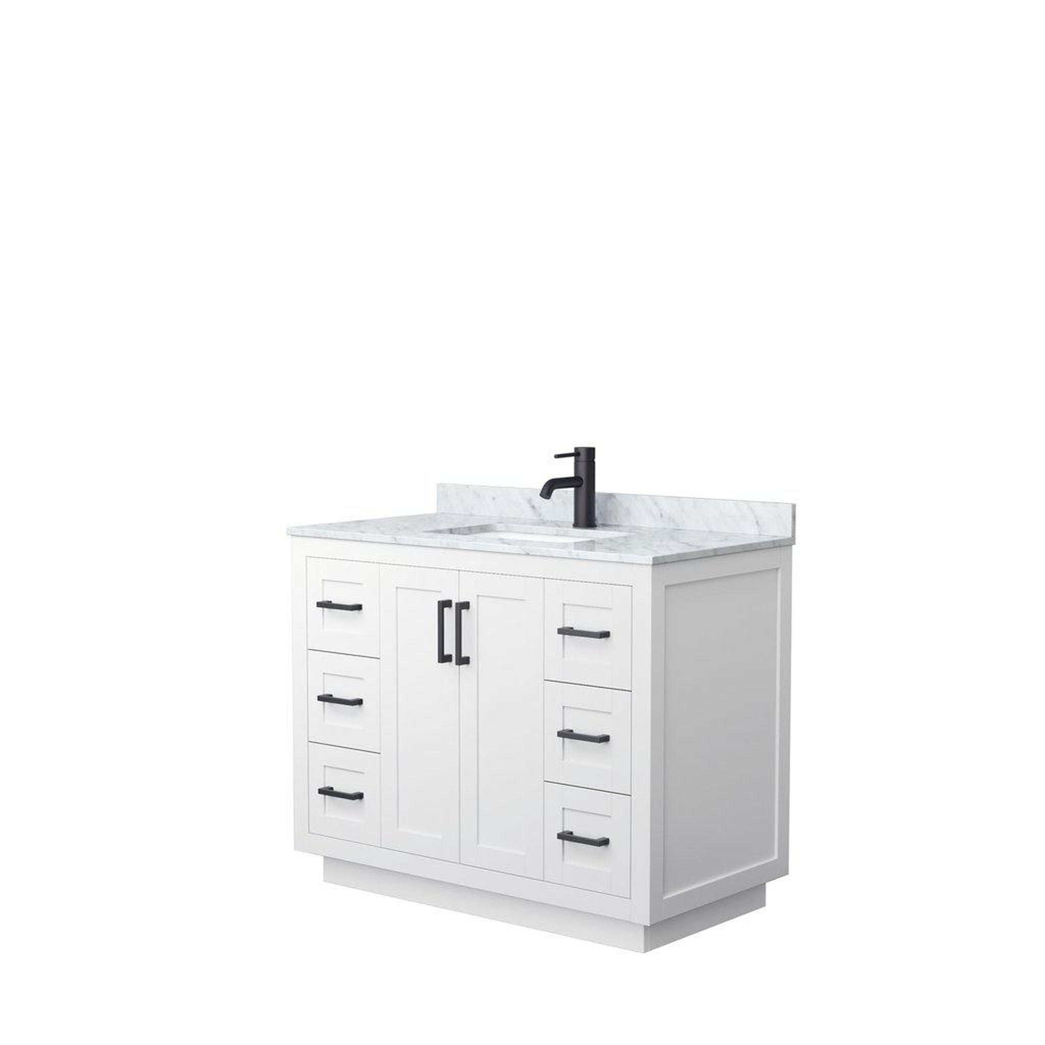 Wyndham Collection, Wyndham Collection Miranda 42" Single Bathroom White Vanity Set With White Carrara Marble Countertop, Undermount Square Sink, And Matte Black Trim