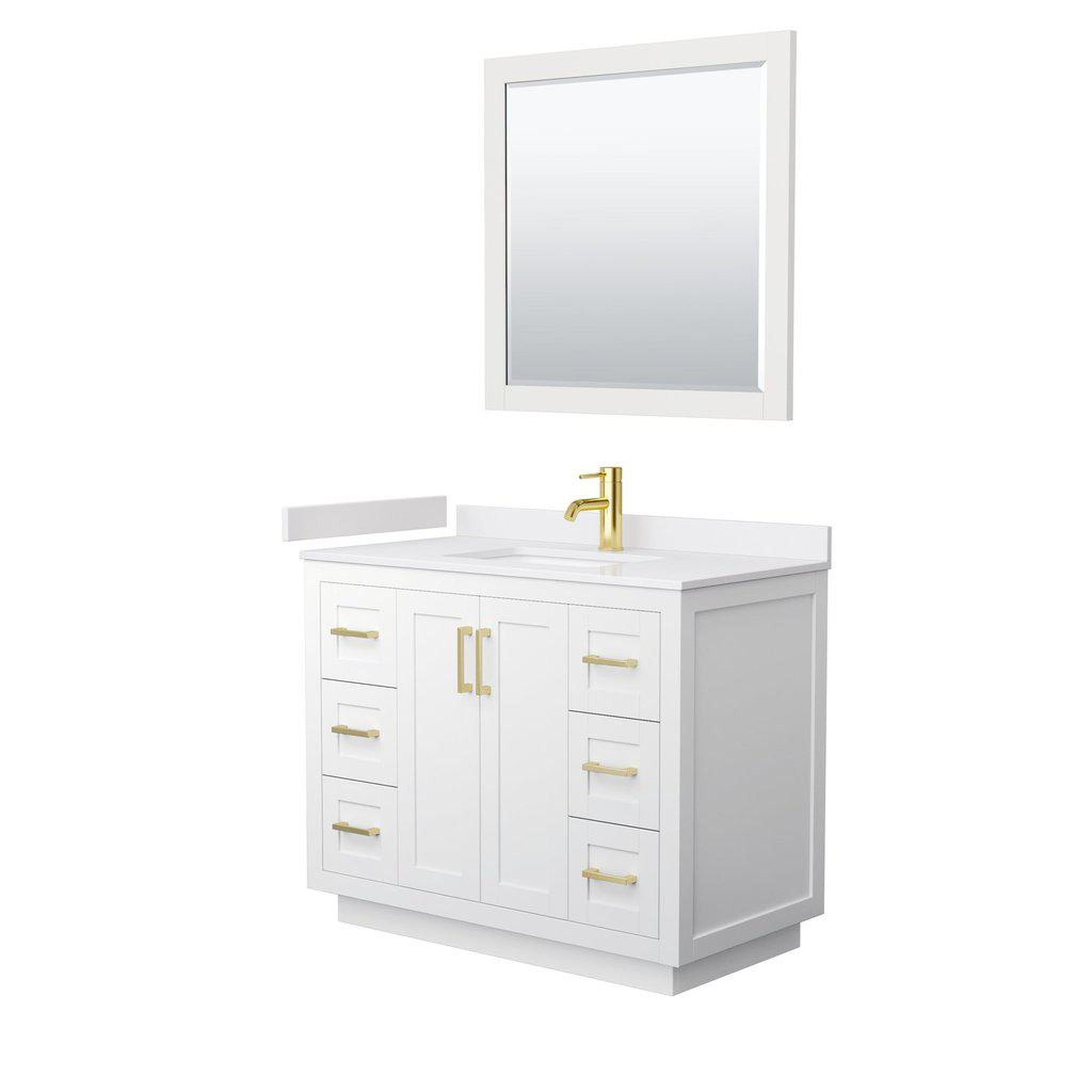 Wyndham Collection, Wyndham Collection Miranda 42" Single Bathroom White Vanity Set With White Cultured Marble Countertop, Undermount Square Sink, 34" Mirror And Brushed Gold Trim