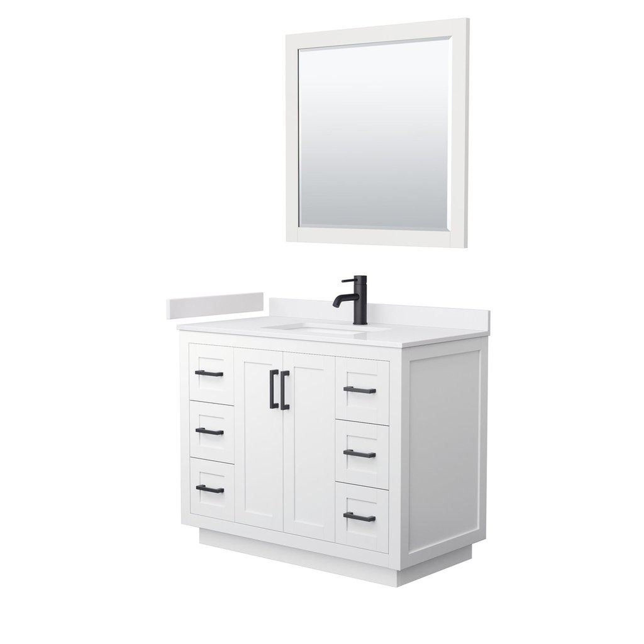 Wyndham Collection, Wyndham Collection Miranda 42" Single Bathroom White Vanity Set With White Cultured Marble Countertop, Undermount Square Sink, 34" Mirror And Matte Black Trim