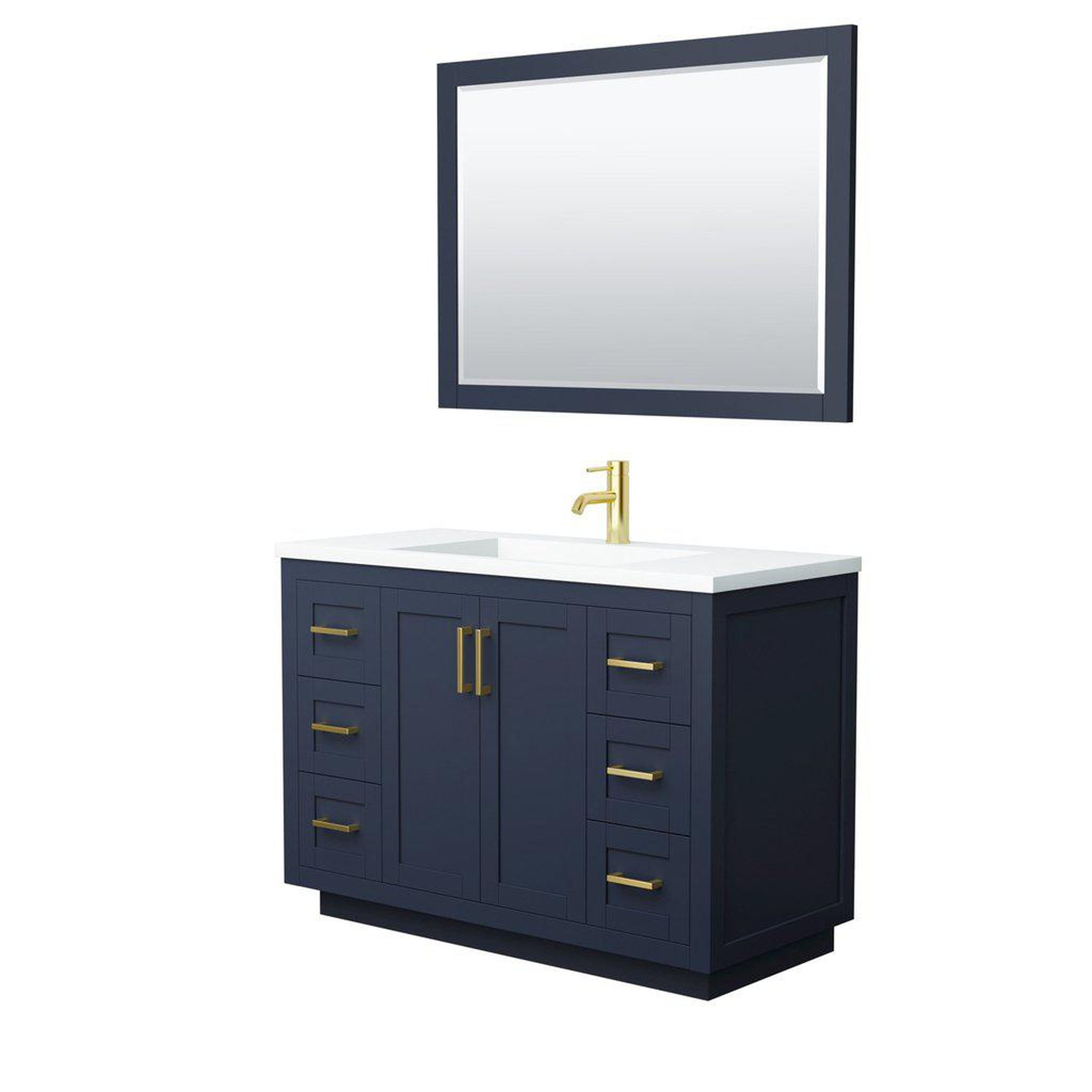 Wyndham Collection, Wyndham Collection Miranda 48" Single Bathroom Dark Blue Vanity Set With 1.25" Thick Matte White Solid Surface Countertop, Integrated Sink, 46" Mirror And Brushed Gold Trim