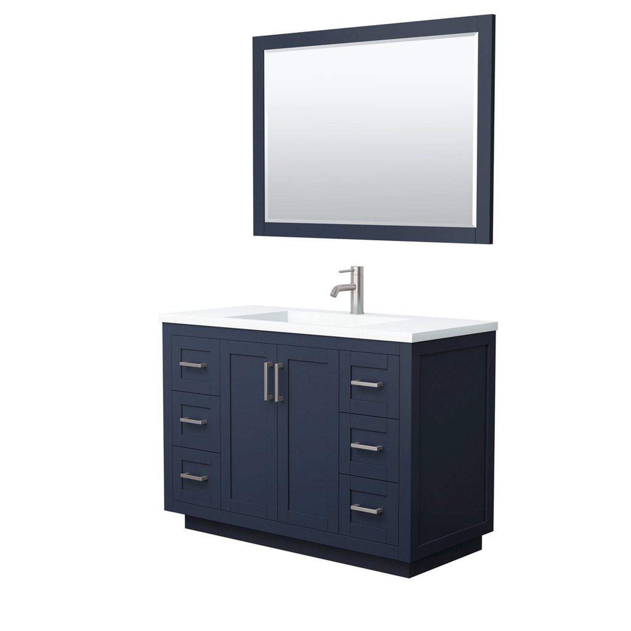 Wyndham Collection, Wyndham Collection Miranda 48" Single Bathroom Dark Blue Vanity Set With 1.25" Thick Matte White Solid Surface Countertop, Integrated Sink, 46" Mirror And Brushed Nickel Trim