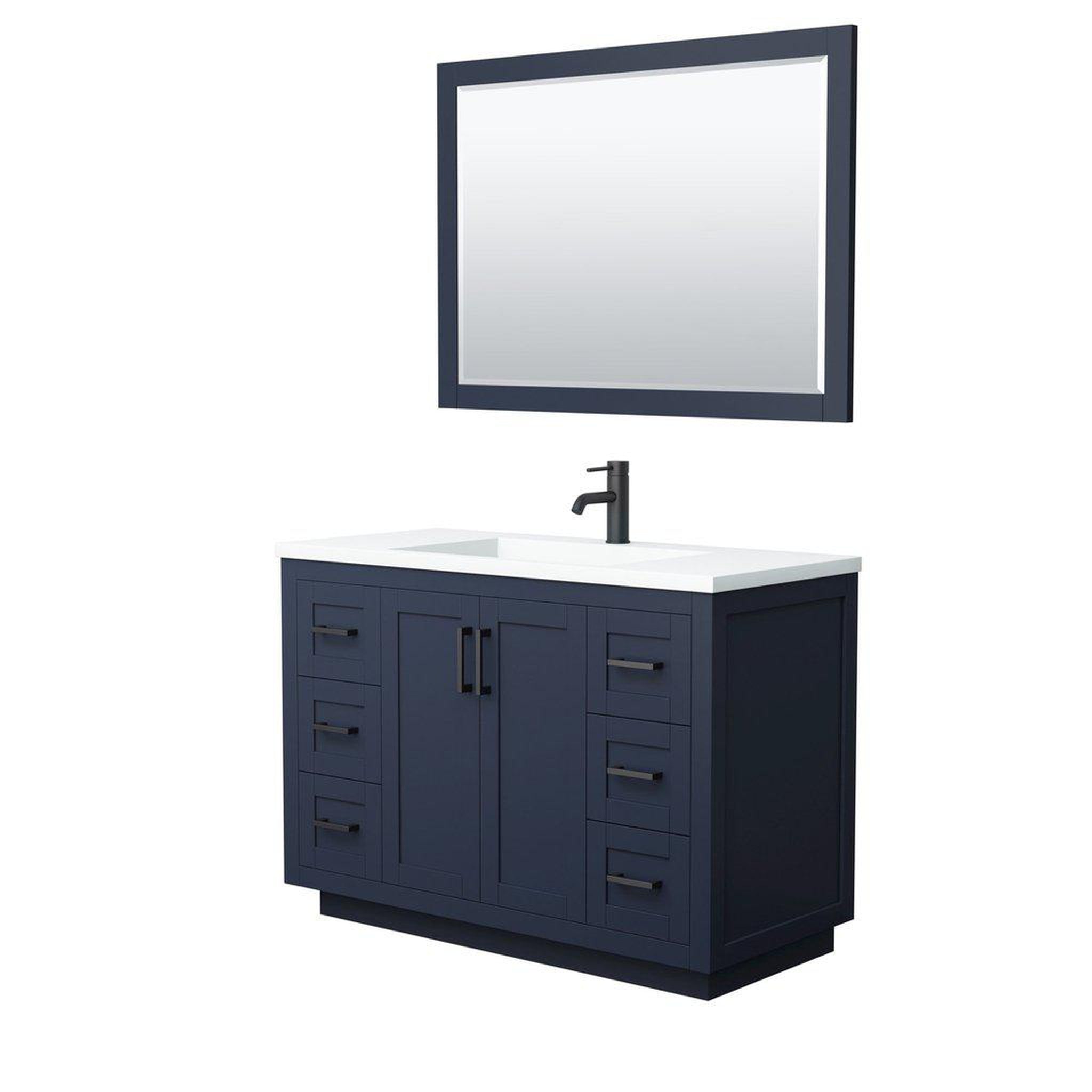 Wyndham Collection, Wyndham Collection Miranda 48" Single Bathroom Dark Blue Vanity Set With 1.25" Thick Matte White Solid Surface Countertop, Integrated Sink, 46" Mirror And Matte Black Trim