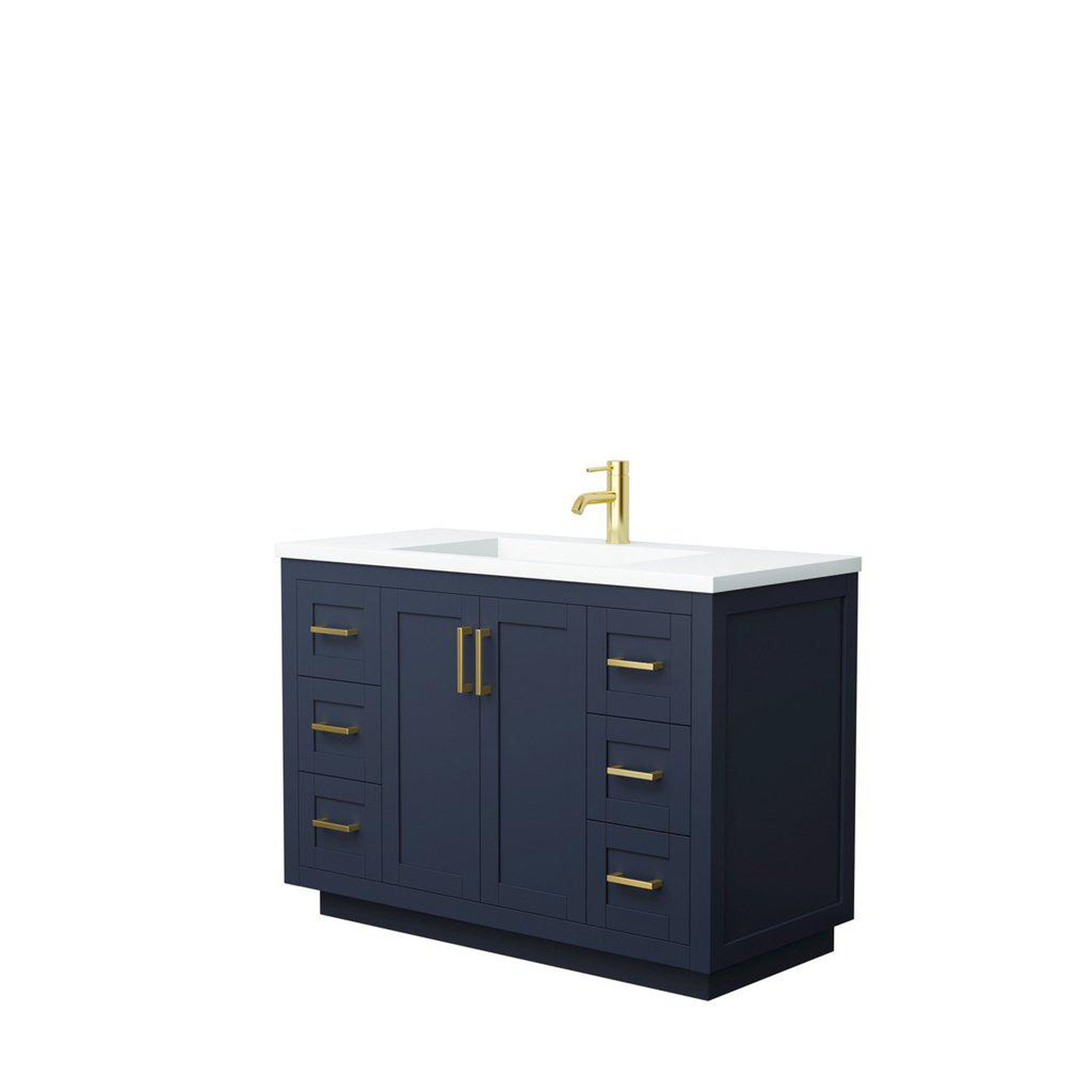 Wyndham Collection, Wyndham Collection Miranda 48" Single Bathroom Dark Blue Vanity Set With 1.25" Thick Matte White Solid Surface Countertop, Integrated Sink, And Brushed Gold Trim