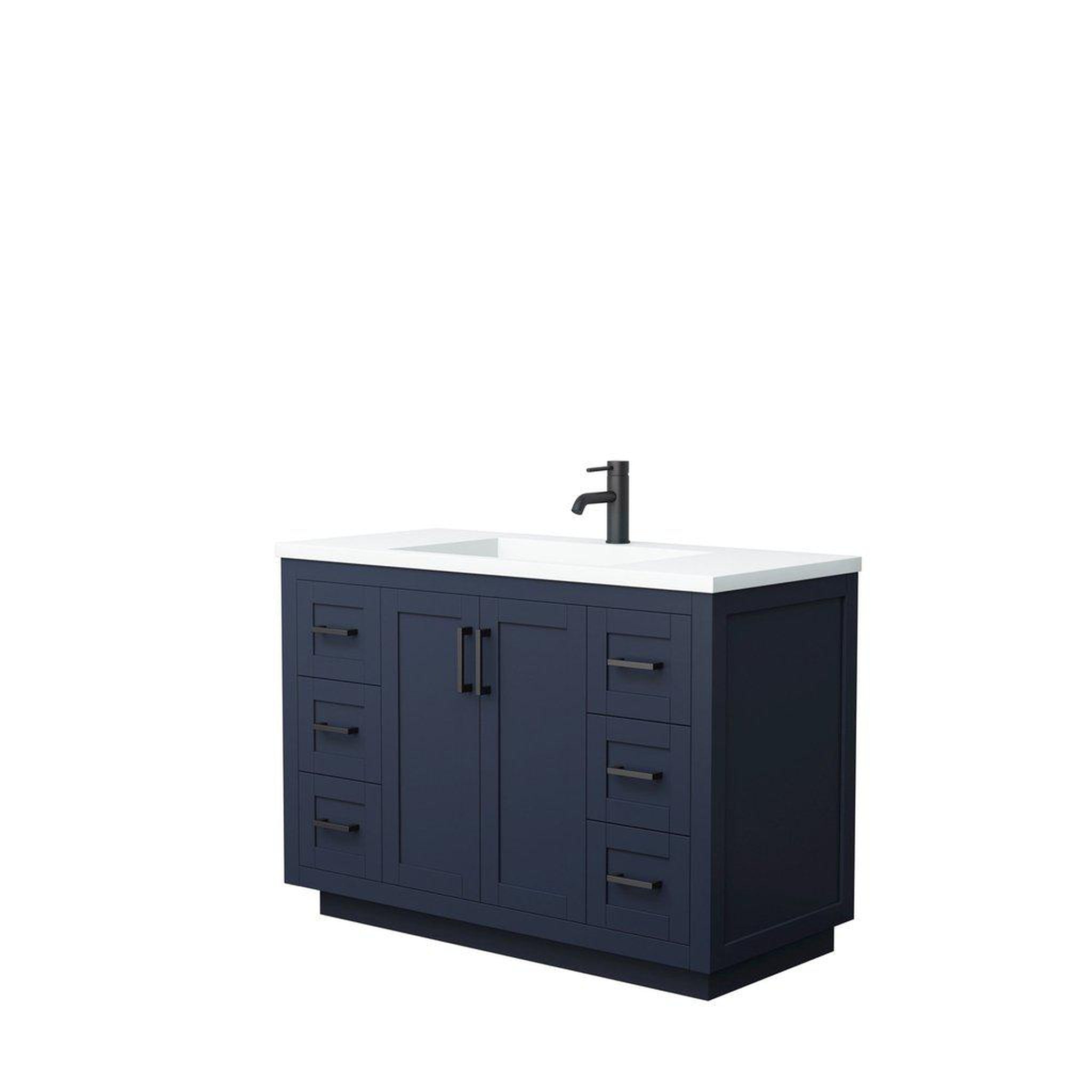 Wyndham Collection, Wyndham Collection Miranda 48" Single Bathroom Dark Blue Vanity Set With 1.25" Thick Matte White Solid Surface Countertop, Integrated Sink, And Matte Black Trim