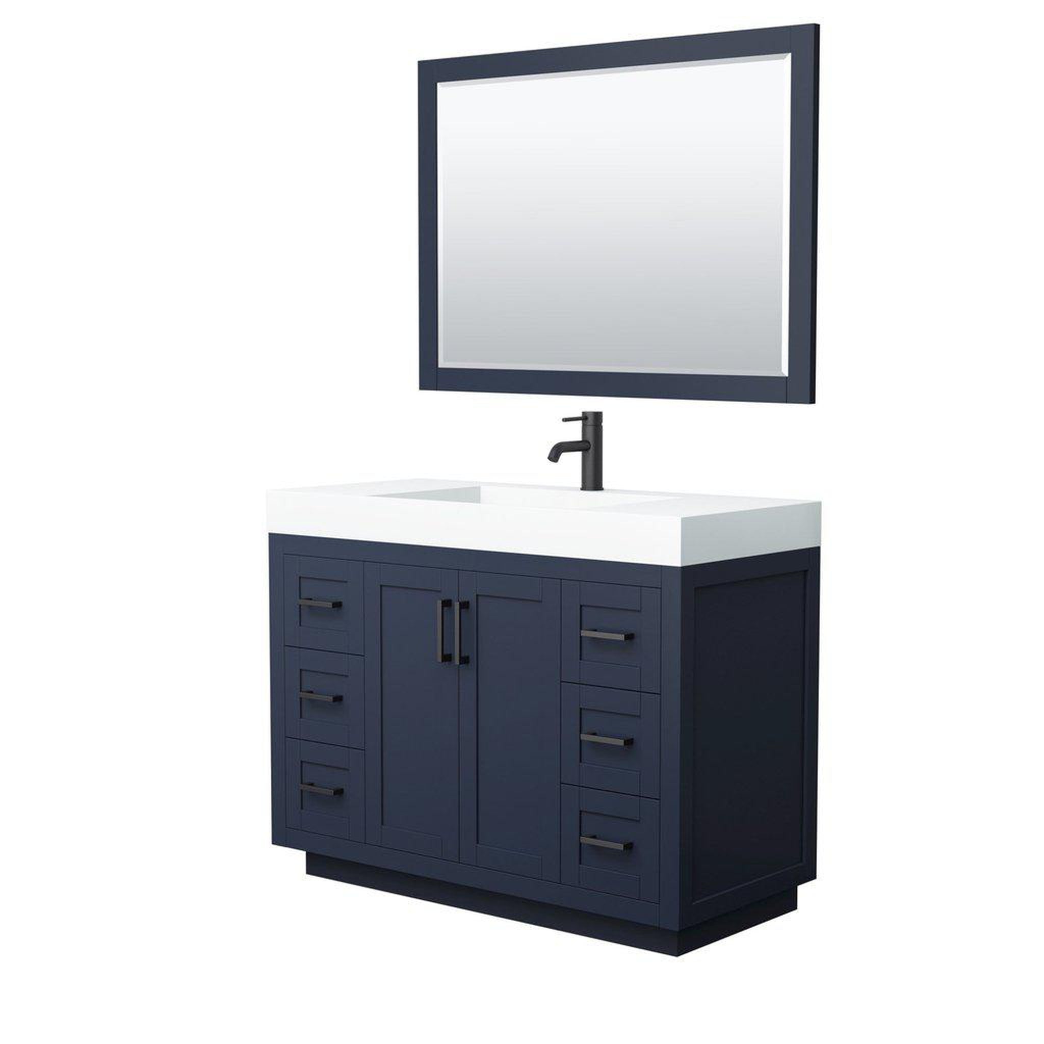 Wyndham Collection, Wyndham Collection Miranda 48" Single Bathroom Dark Blue Vanity Set With 4" Thick Matte White Solid Surface Countertop, Integrated Sink, 46" Mirror And Matte Black Trim