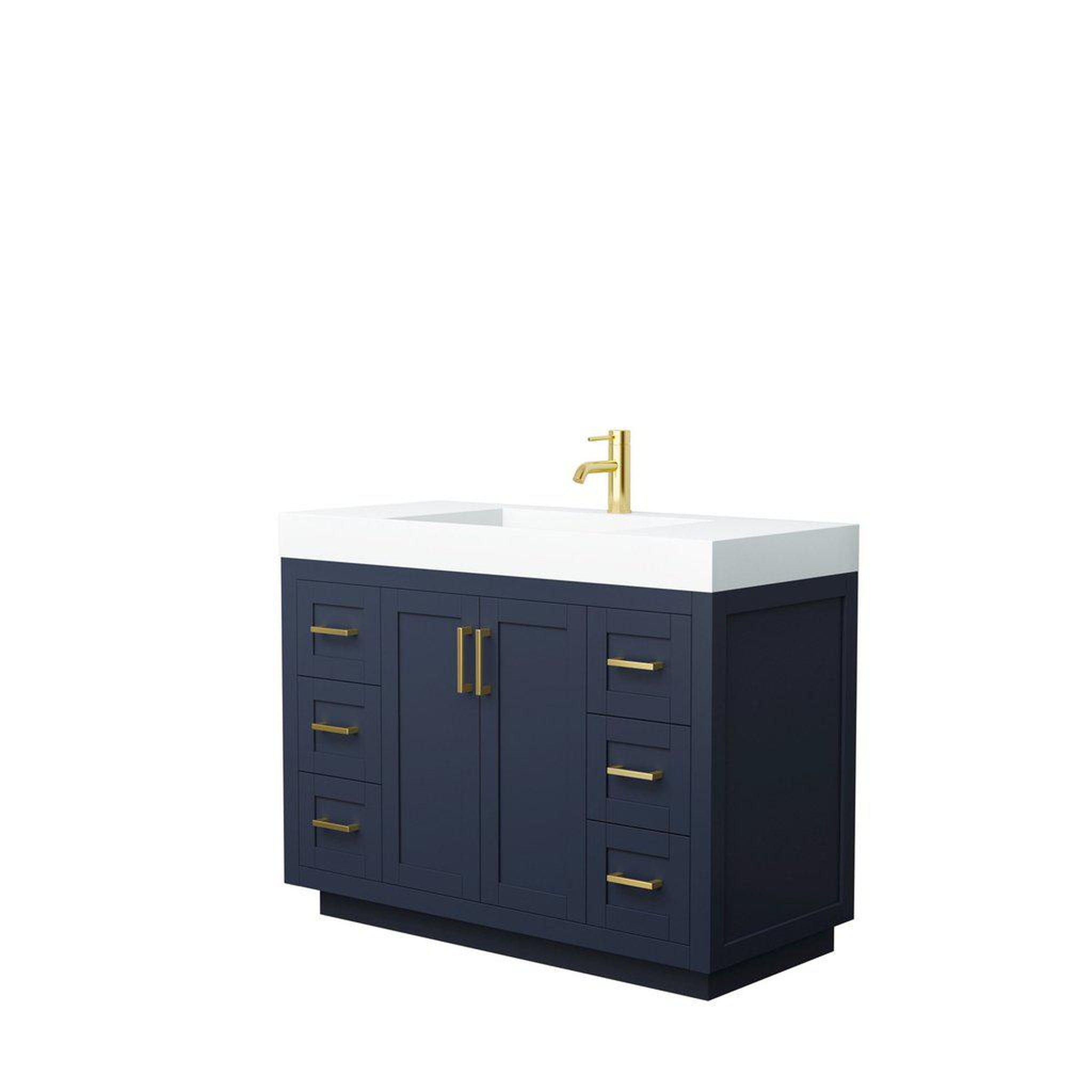 Wyndham Collection, Wyndham Collection Miranda 48" Single Bathroom Dark Blue Vanity Set With 4" Thick Matte White Solid Surface Countertop, Integrated Sink, And Brushed Gold Trim