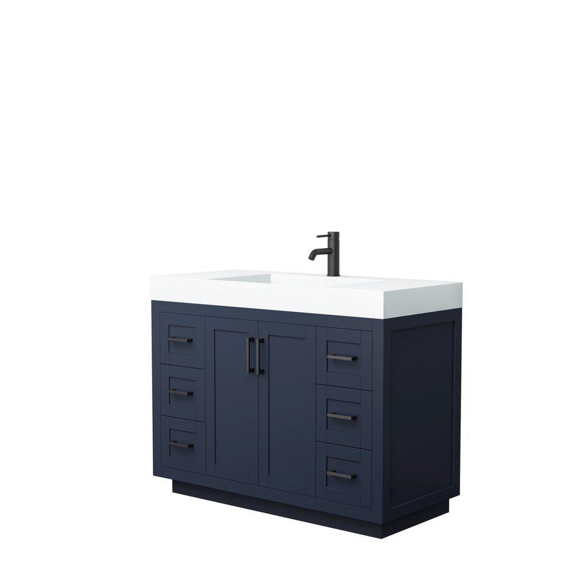 Wyndham Collection, Wyndham Collection Miranda 48" Single Bathroom Dark Blue Vanity Set With 4" Thick Matte White Solid Surface Countertop, Integrated Sink, And Matte Black Trim