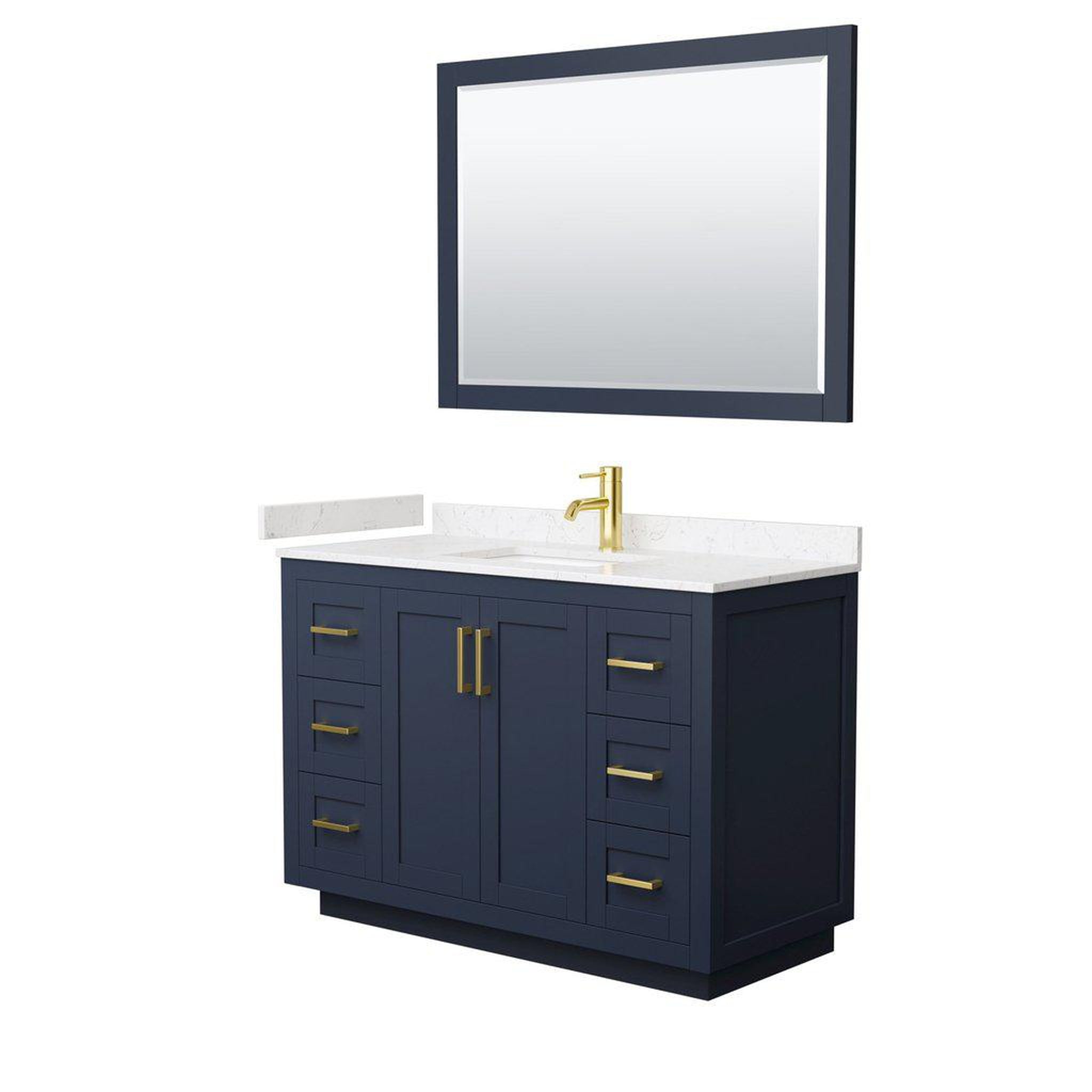 Wyndham Collection, Wyndham Collection Miranda 48" Single Bathroom Dark Blue Vanity Set With Light-Vein Carrara Cultured Marble Countertop, Undermount Square Sink, 46" Mirror And Brushed Gold Trim