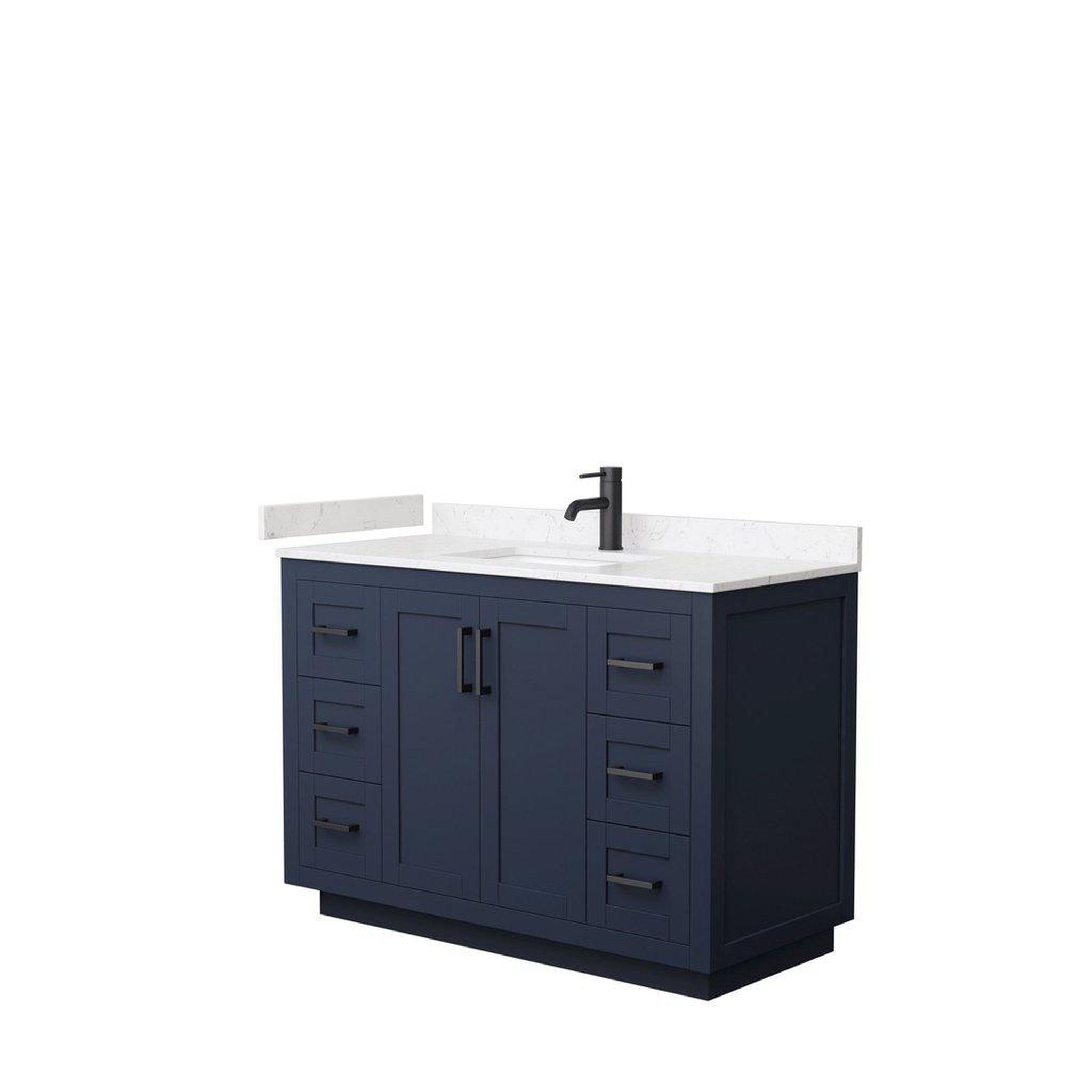 Wyndham Collection, Wyndham Collection Miranda 48" Single Bathroom Dark Blue Vanity Set With Light-Vein Carrara Cultured Marble Countertop, Undermount Square Sink, And Matte Black Trim