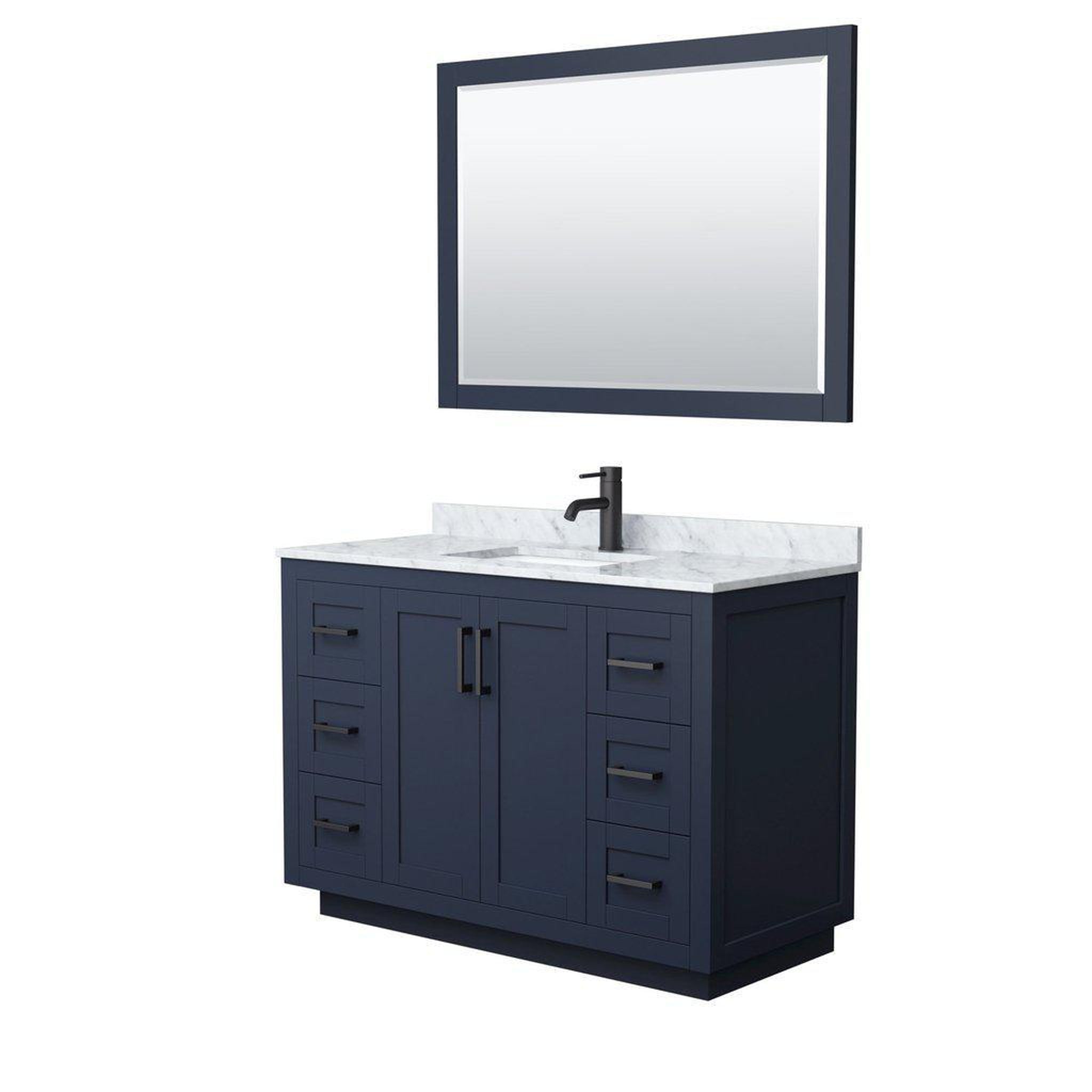 Wyndham Collection, Wyndham Collection Miranda 48" Single Bathroom Dark Blue Vanity Set With White Carrara Marble Countertop, Undermount Square Sink, 46" Mirror And Matte Black Trim