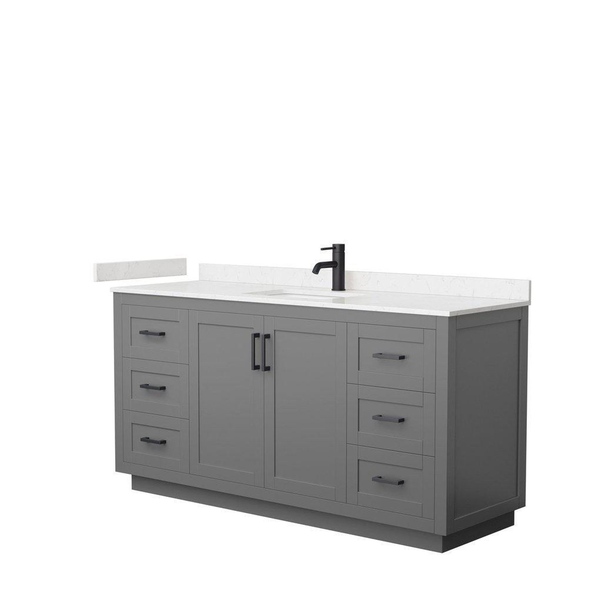 Wyndham Collection, Wyndham Collection Miranda 66" Single Bathroom Dark Gray Vanity Set With Light-Vein Carrara Cultured Marble Countertop, Undermount Square Sink, And Matte Black Trim