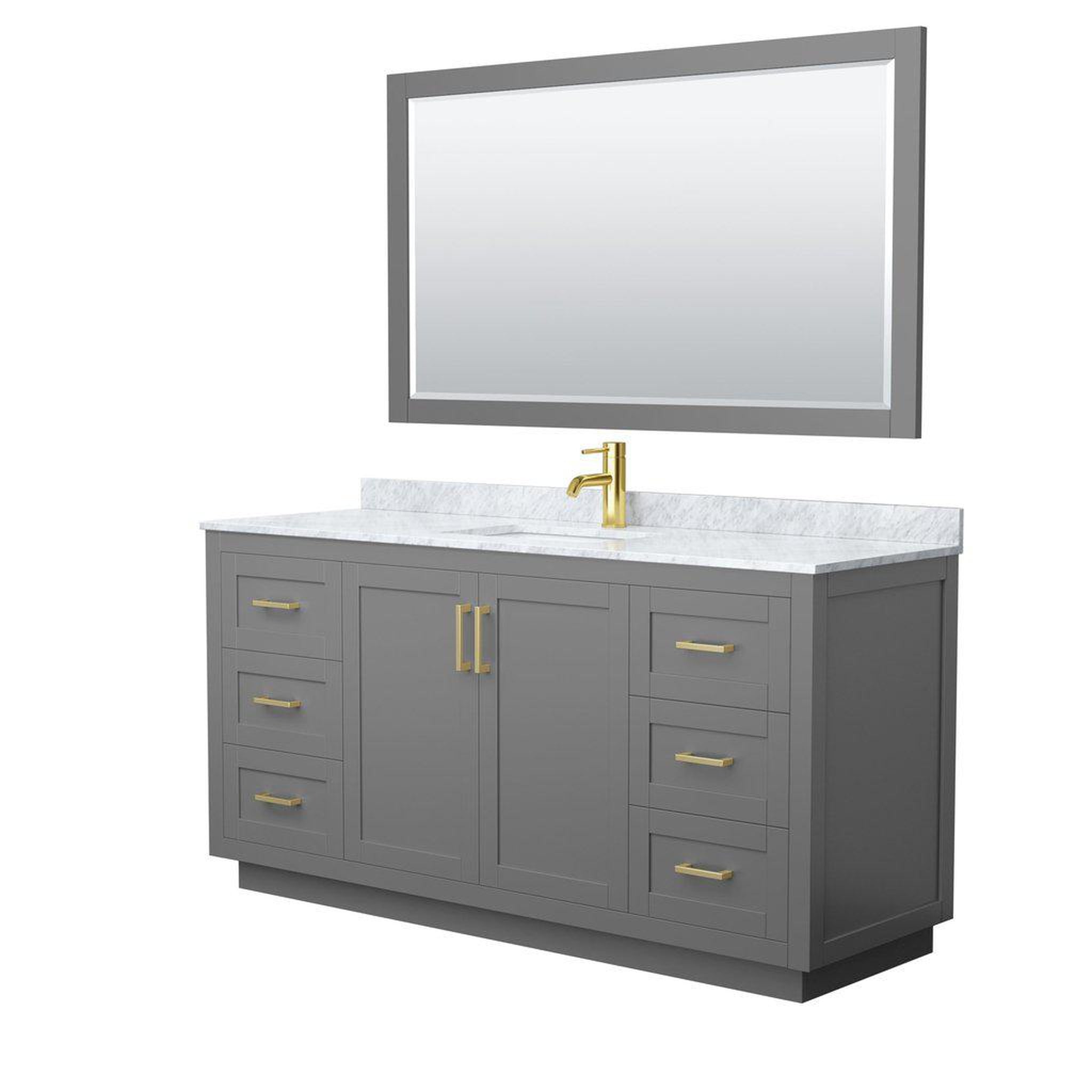 Wyndham Collection, Wyndham Collection Miranda 66" Single Bathroom Dark Gray Vanity Set With White Carrara Marble Countertop, Undermount Square Sink, 58" Mirror And Brushed Gold Trim