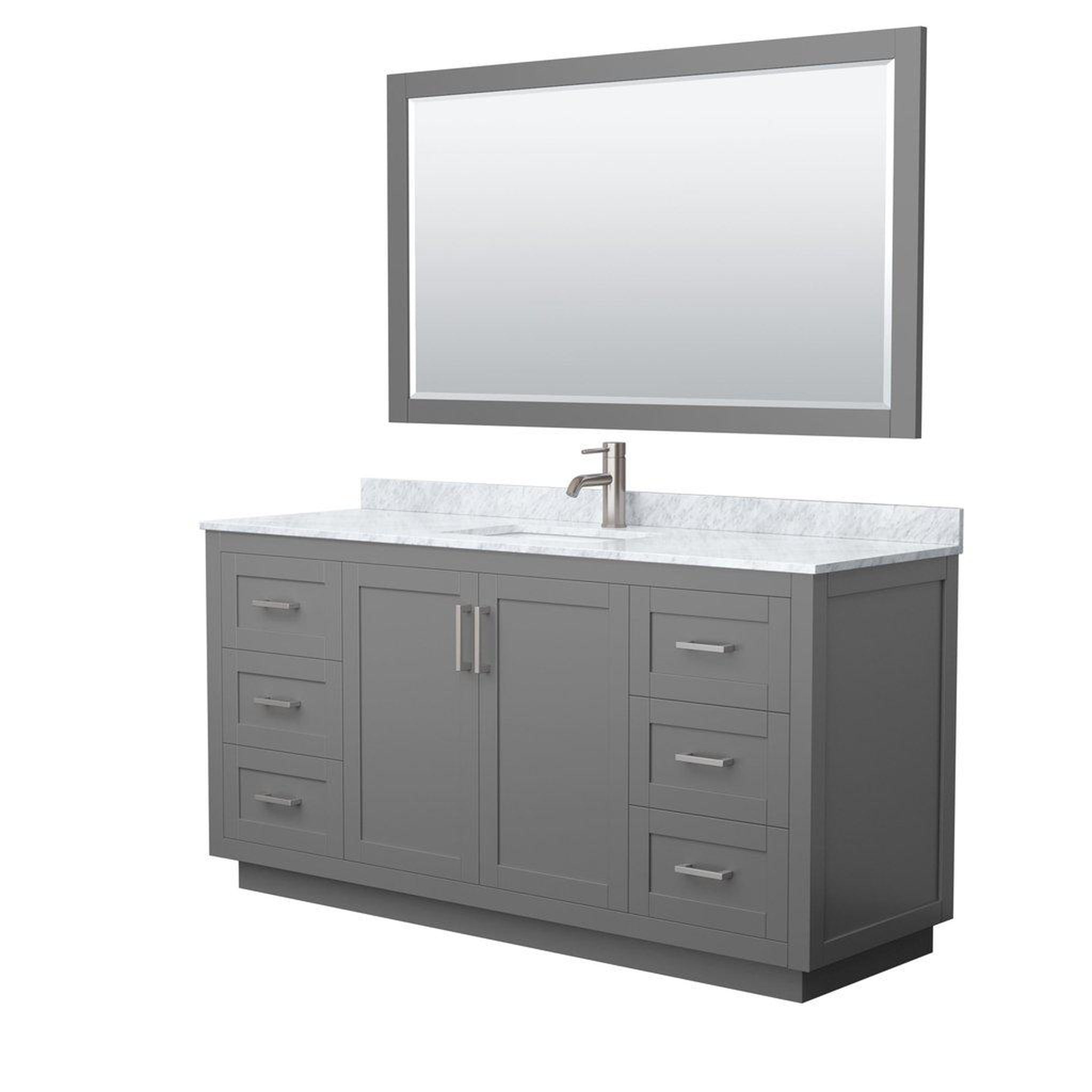 Wyndham Collection, Wyndham Collection Miranda 66" Single Bathroom Dark Gray Vanity Set With White Carrara Marble Countertop, Undermount Square Sink, 58" Mirror And Brushed Nickel Trim