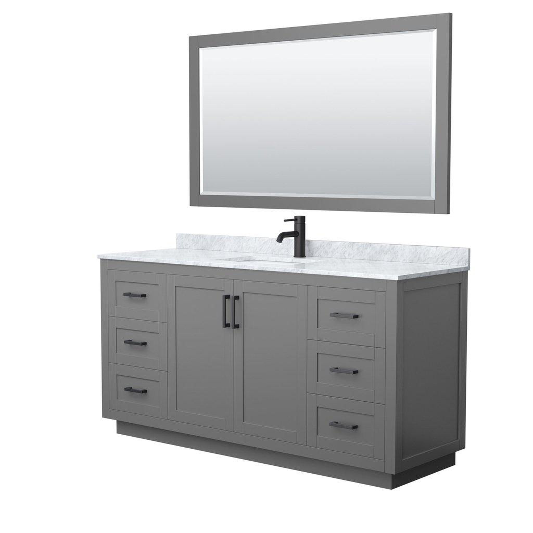 Wyndham Collection, Wyndham Collection Miranda 66" Single Bathroom Dark Gray Vanity Set With White Carrara Marble Countertop, Undermount Square Sink, 58" Mirror And Matte Black Trim