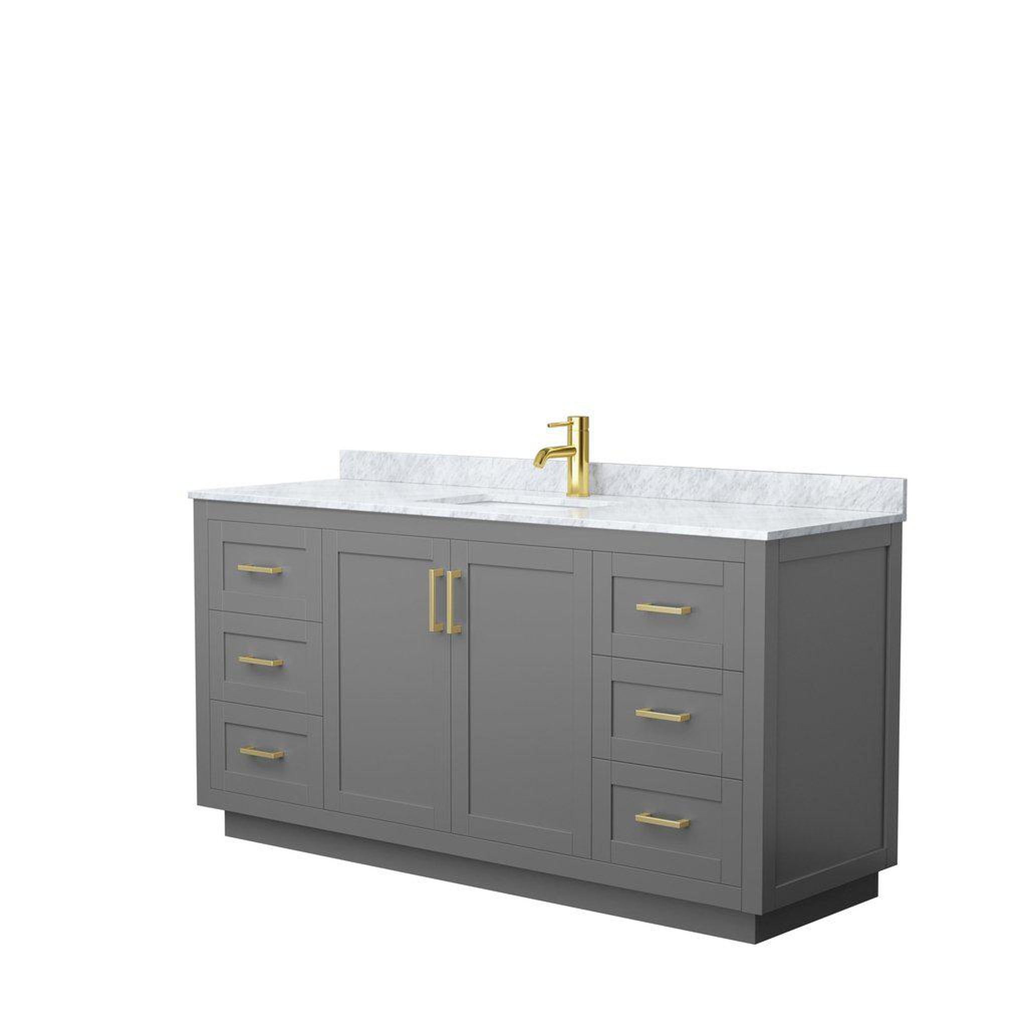 Wyndham Collection, Wyndham Collection Miranda 66" Single Bathroom Dark Gray Vanity Set With White Carrara Marble Countertop, Undermount Square Sink, And Brushed Gold Trim