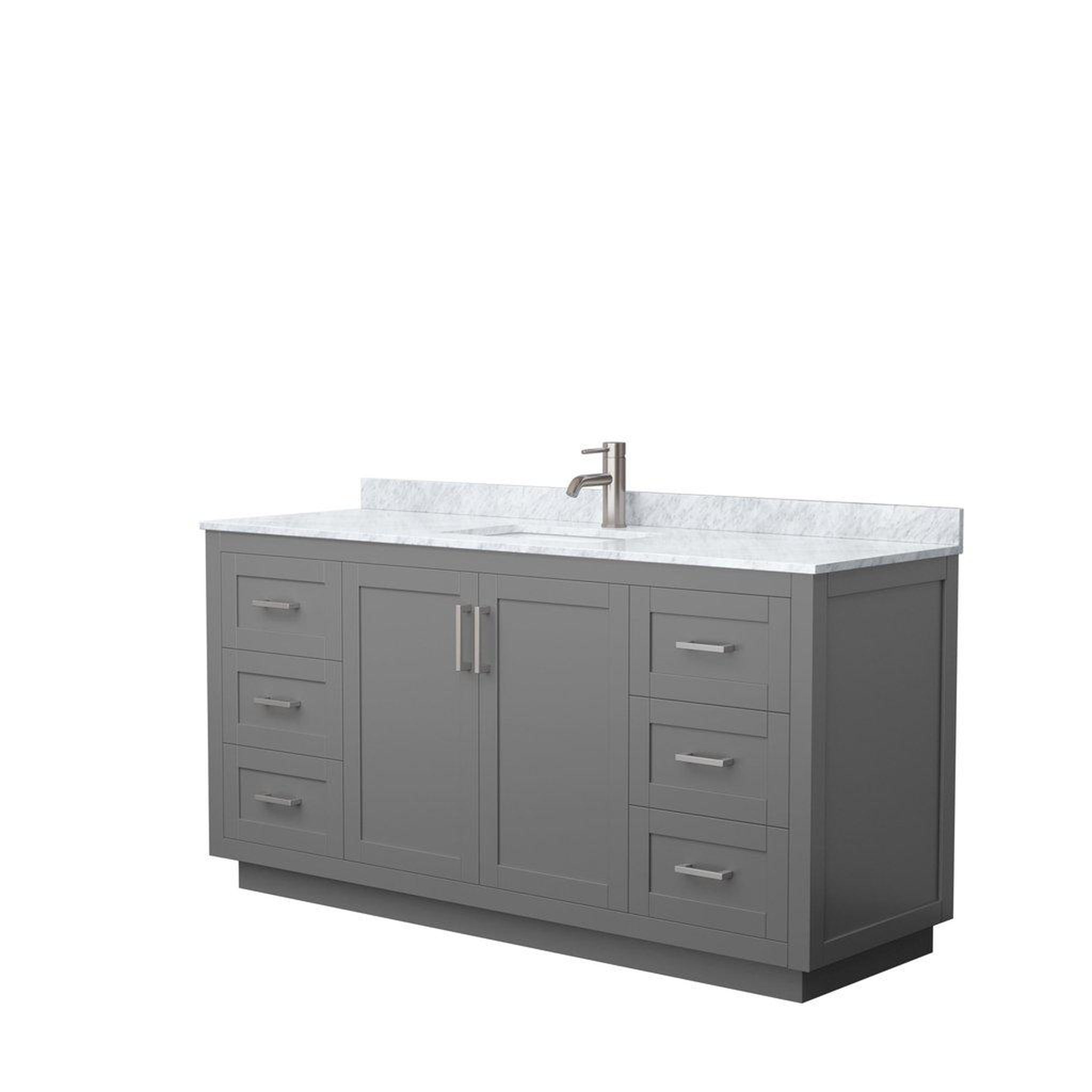 Wyndham Collection, Wyndham Collection Miranda 66" Single Bathroom Dark Gray Vanity Set With White Carrara Marble Countertop, Undermount Square Sink, And Brushed Nickel Trim