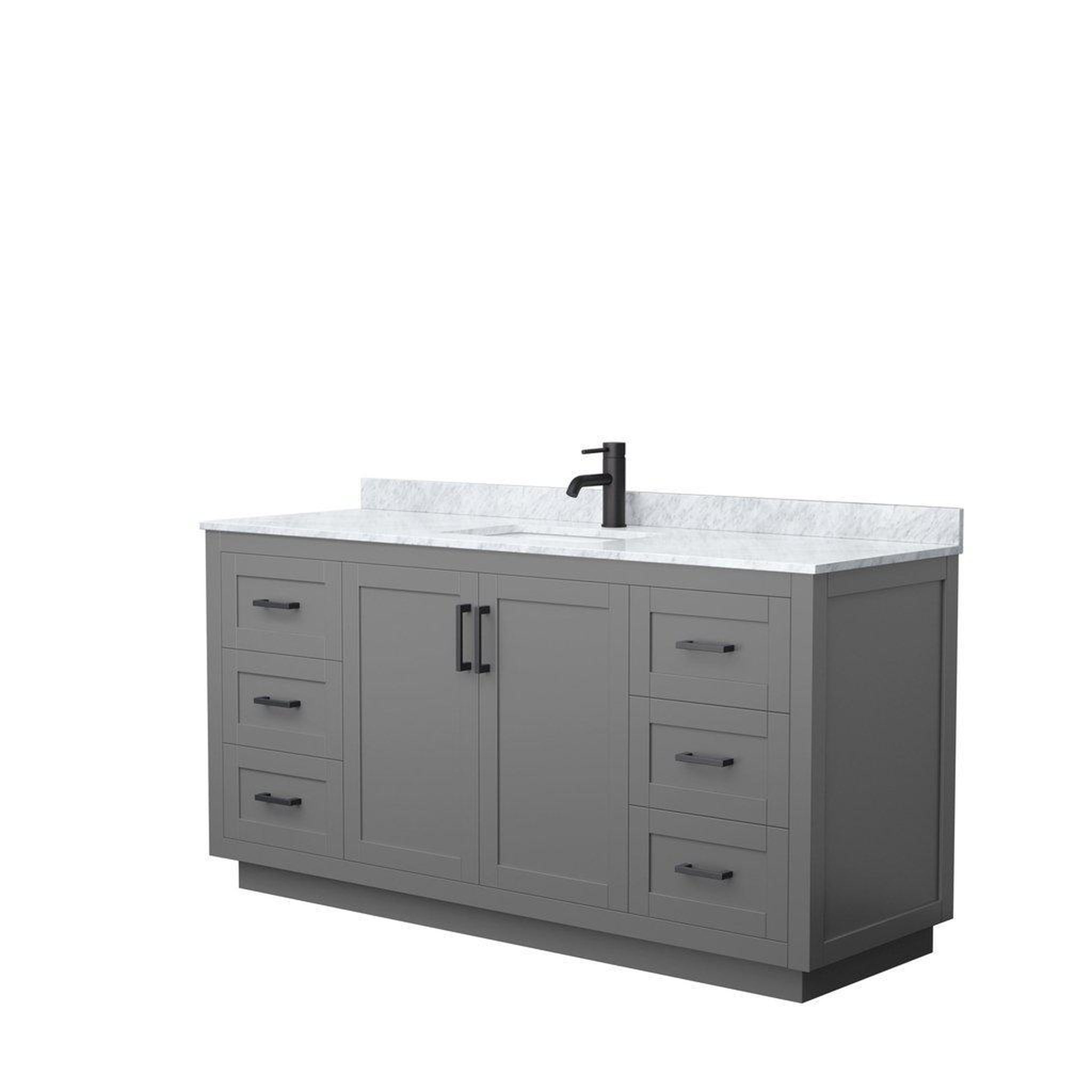 Wyndham Collection, Wyndham Collection Miranda 66" Single Bathroom Dark Gray Vanity Set With White Carrara Marble Countertop, Undermount Square Sink, And Matte Black Trim